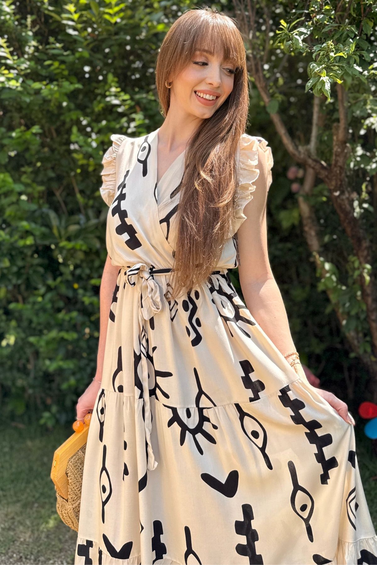 Kruvaze Desenli Midi Elbise