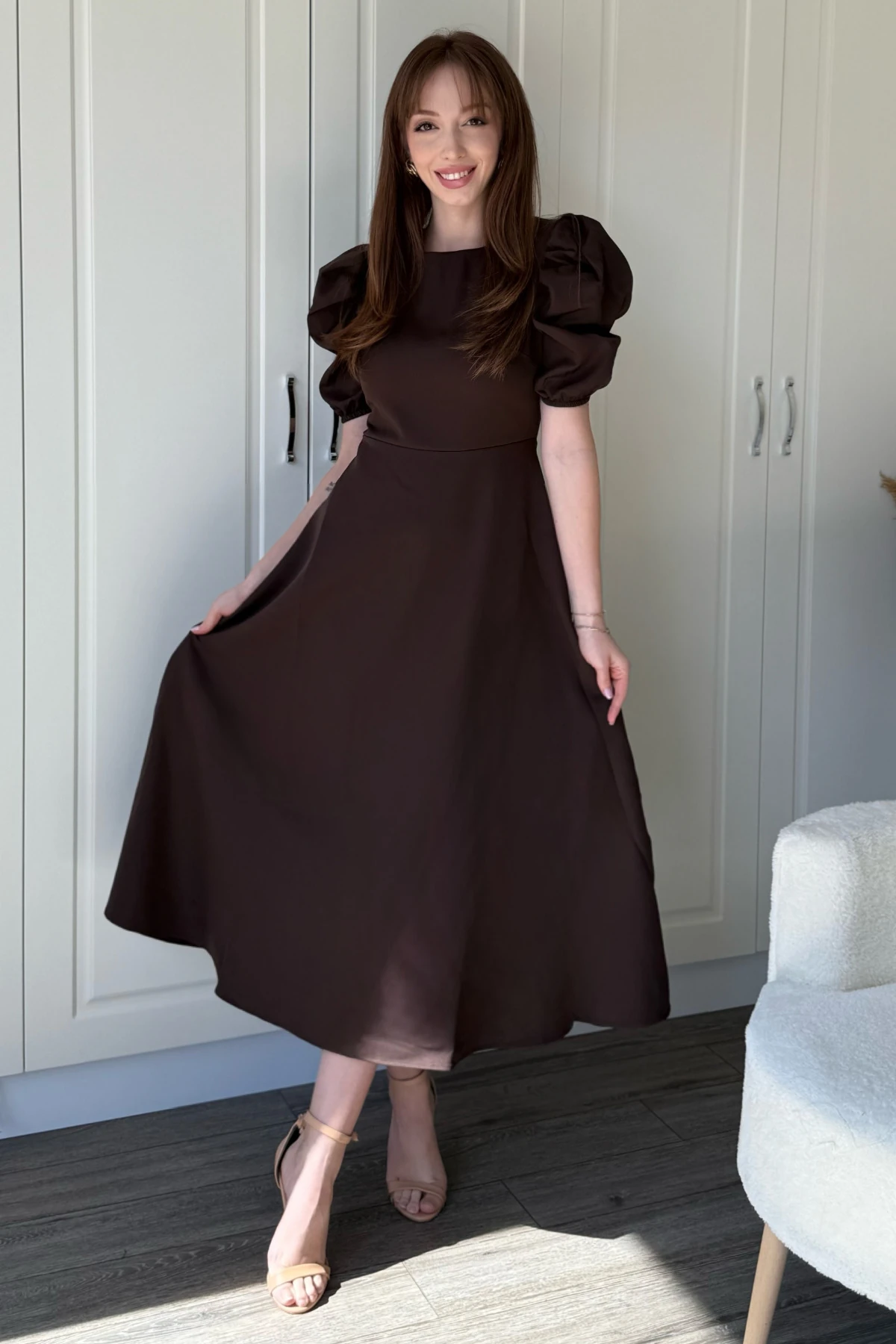 Balon Kol Midi Kahverengi Midi Elbise