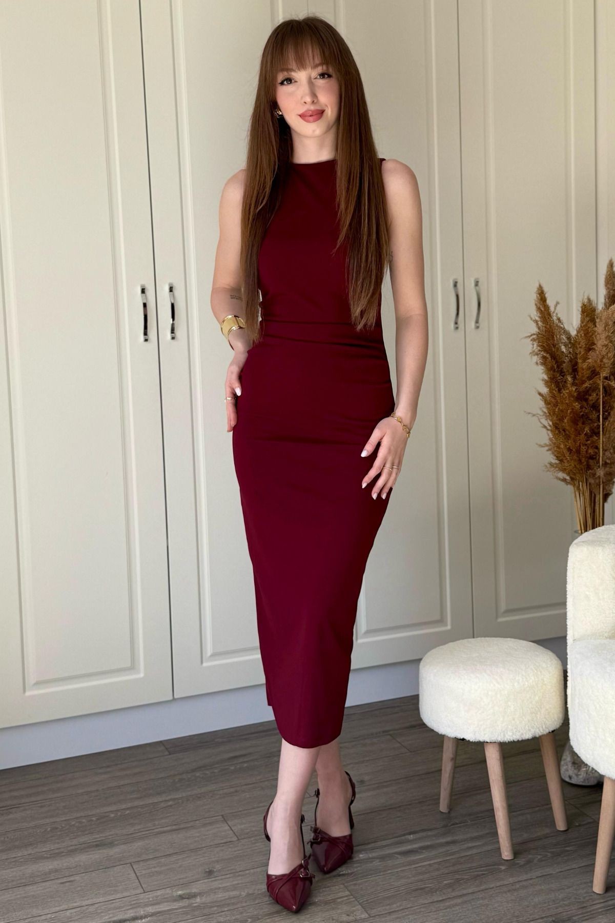Drapeli Midi Bordo Elbise