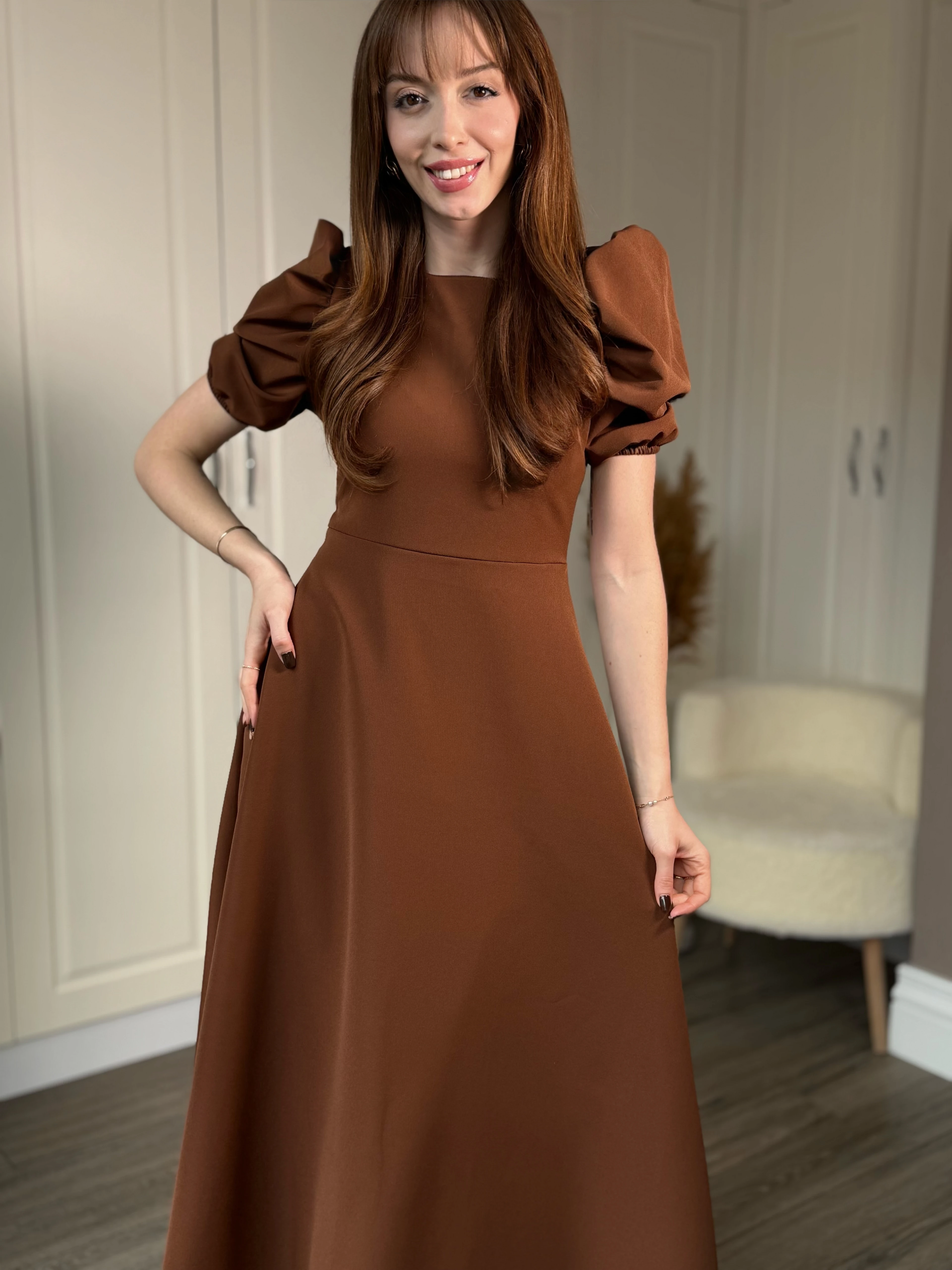 Balon Kol Midi Kahverengi Midi Elbise