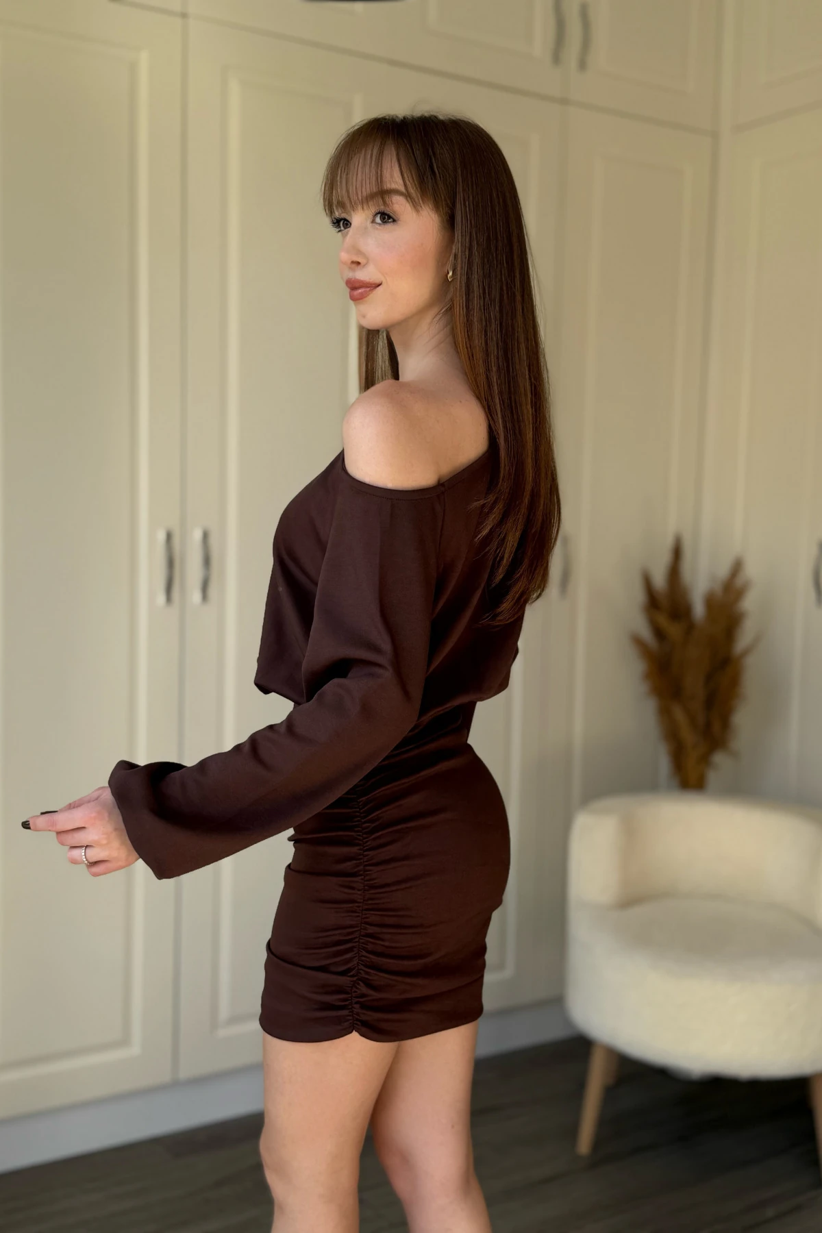 Kayık Yaka Modal Kumaş Cool Eteği Ayarlanabilir Mini Elbise