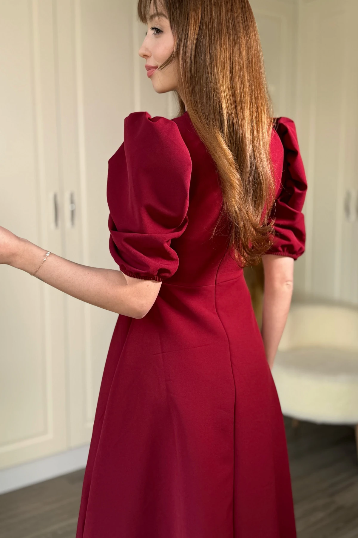 Balon Kol Midi Bordo Elbise