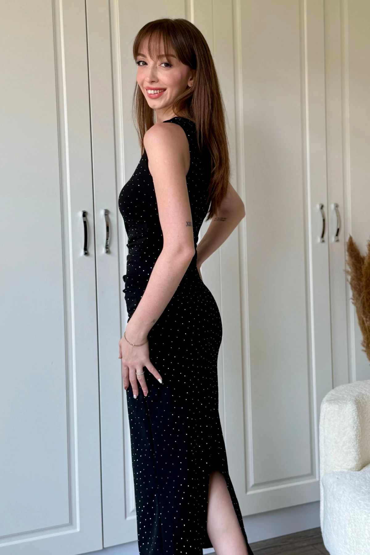 Drapeli Taşlı Midi Siyah Elbise