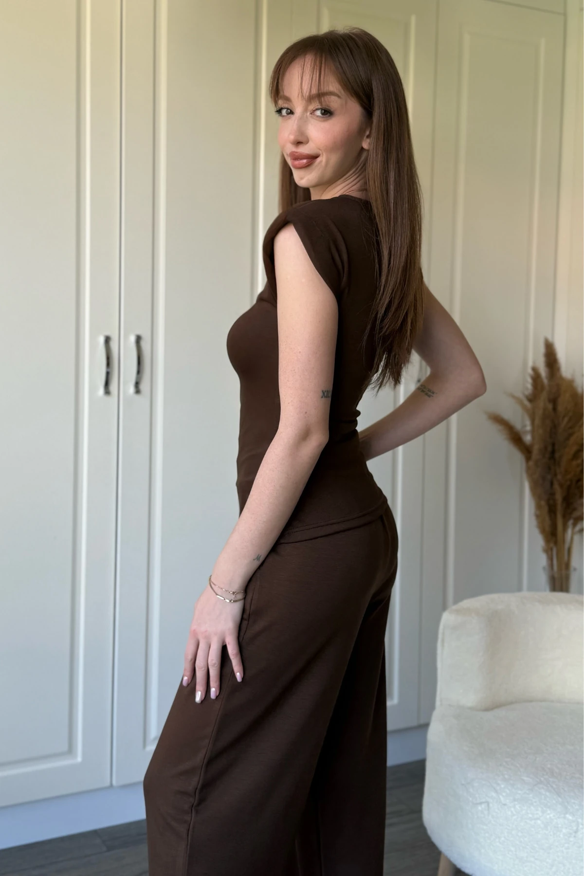 Bağlama Detaylı Vatkalı Pantolon Bluz Bordo Takım