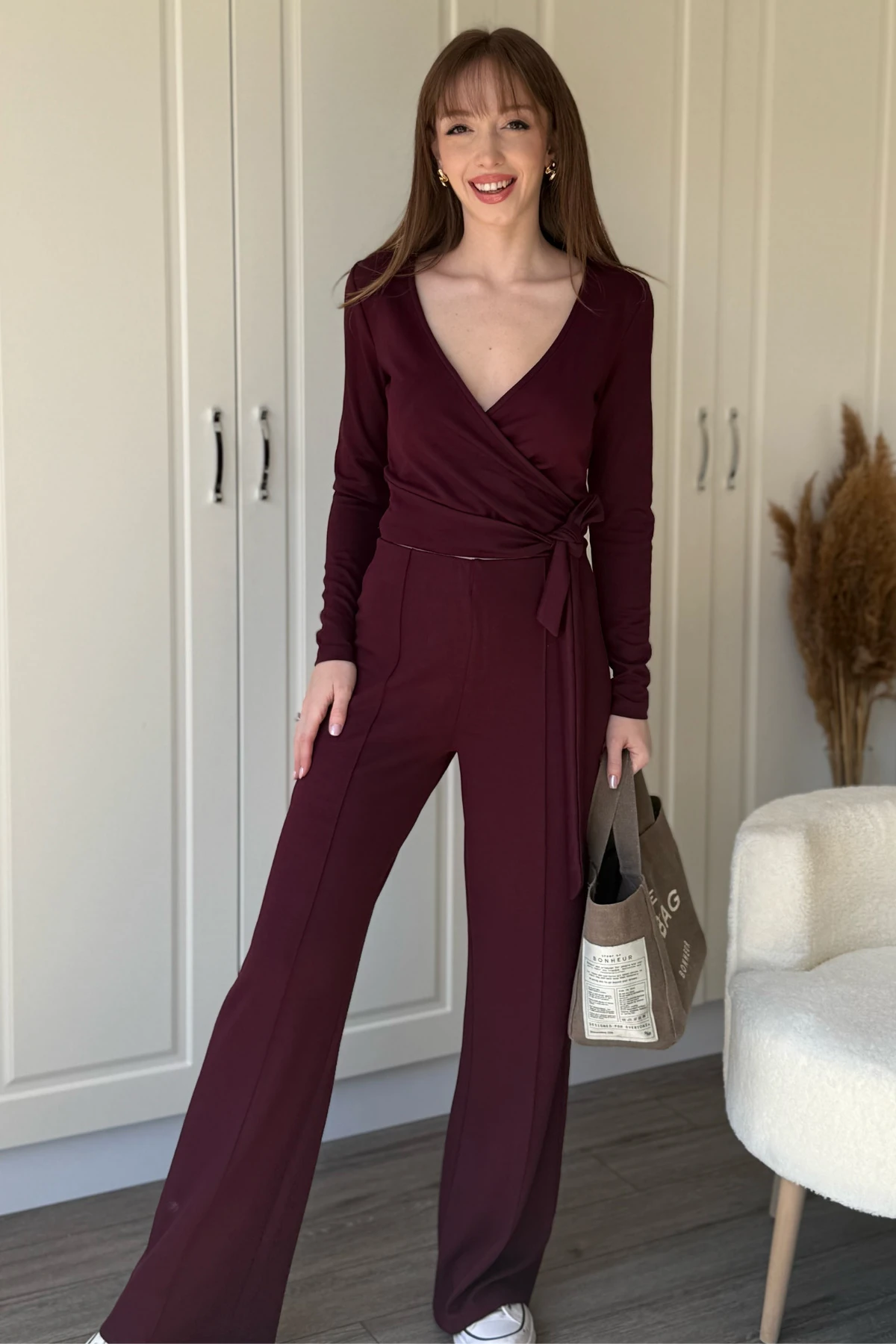 Modal Kumaş Bel Bağlamalı Alt Üst Bordo Takım