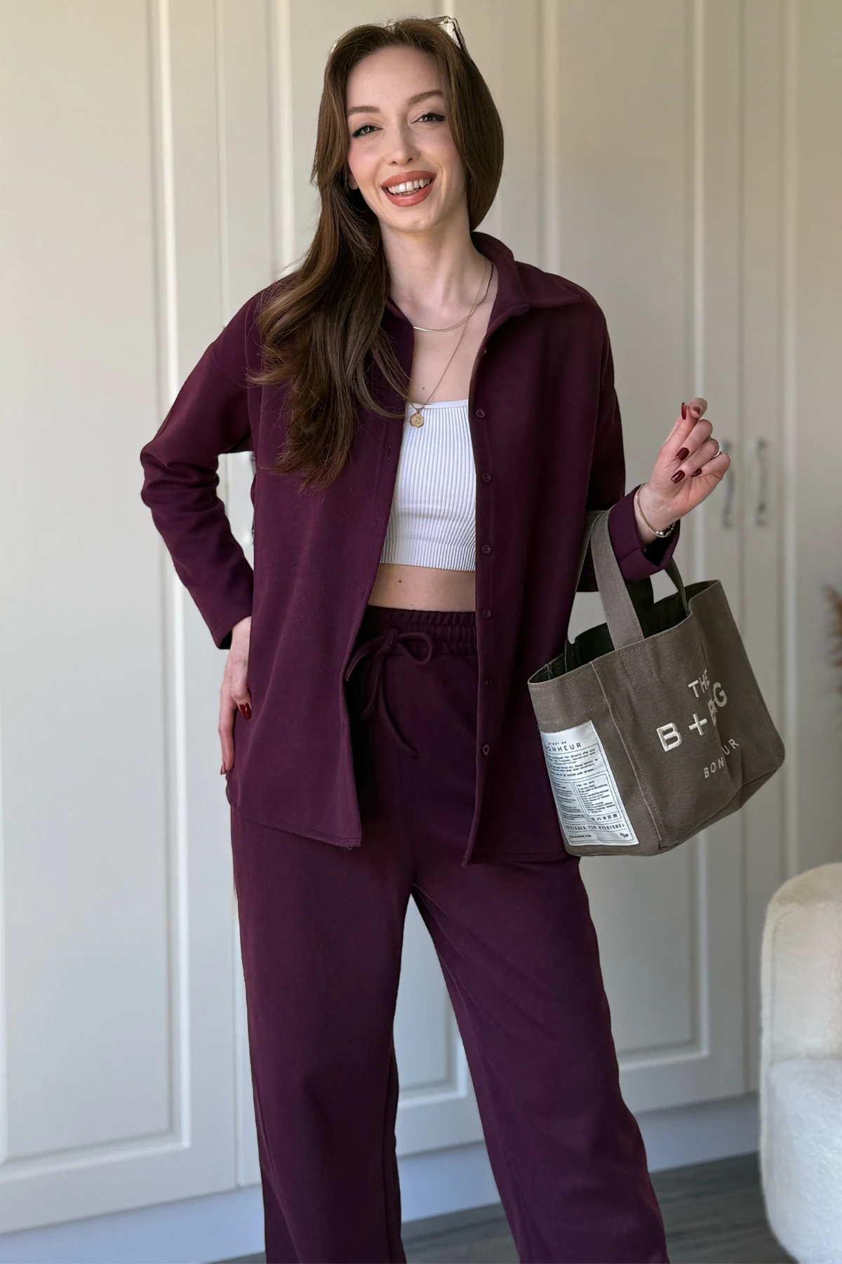 Düğmeli Uzun Kollu Selanik Kumaş Bordo Gömlek Takım