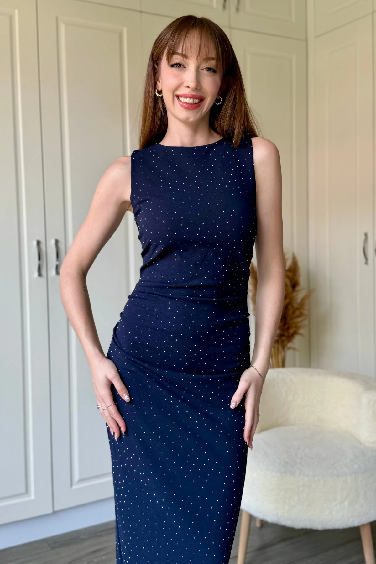 Drapeli Taşlı Midi Lacivert Elbise