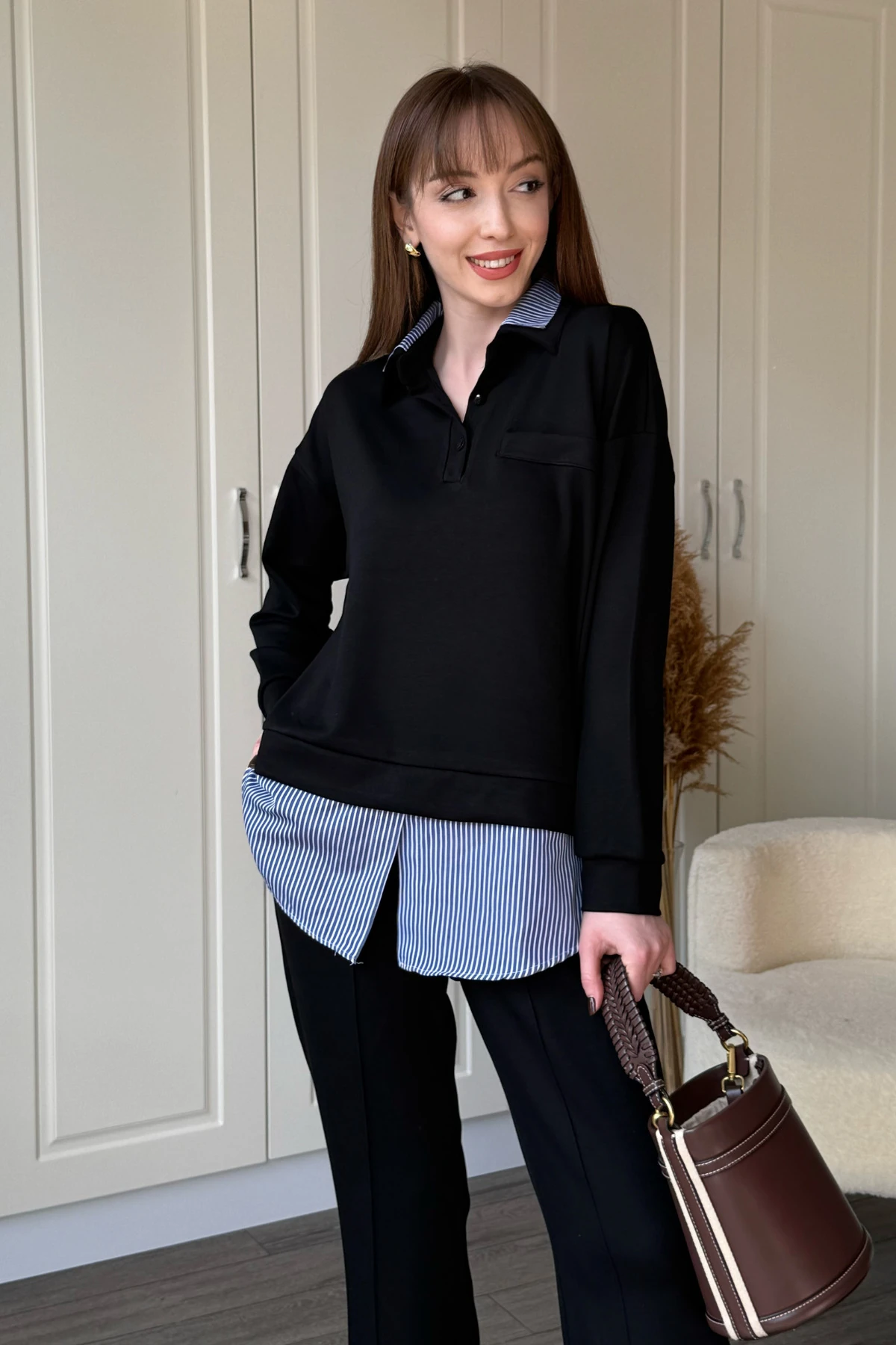 Gömlek Detaylı Polo Yaka Düğmeli Pantolon Takım