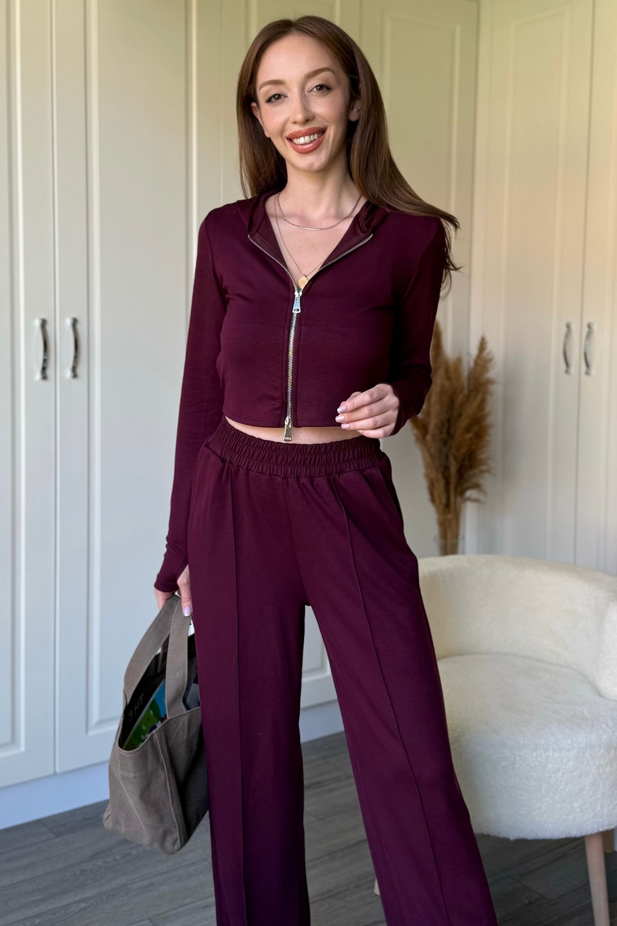 Kapüşonlu Fermuarlı Bordo Crop Hırka Modal Kumaş Takım
