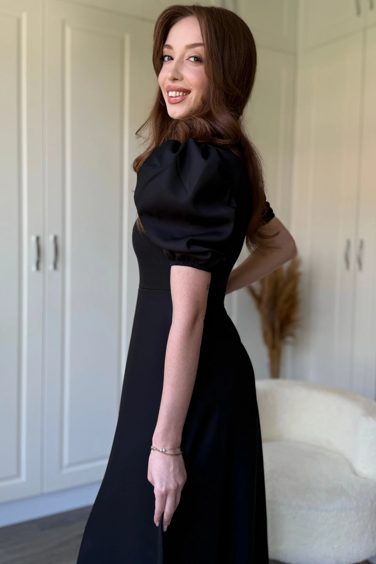 Balon Kol Midi Kırmızı Elbise