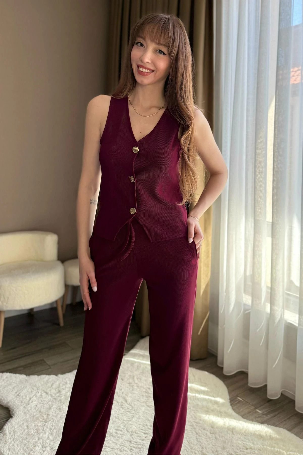 Ottoman Kumaş Gold Düğmeli Bluz Yelek