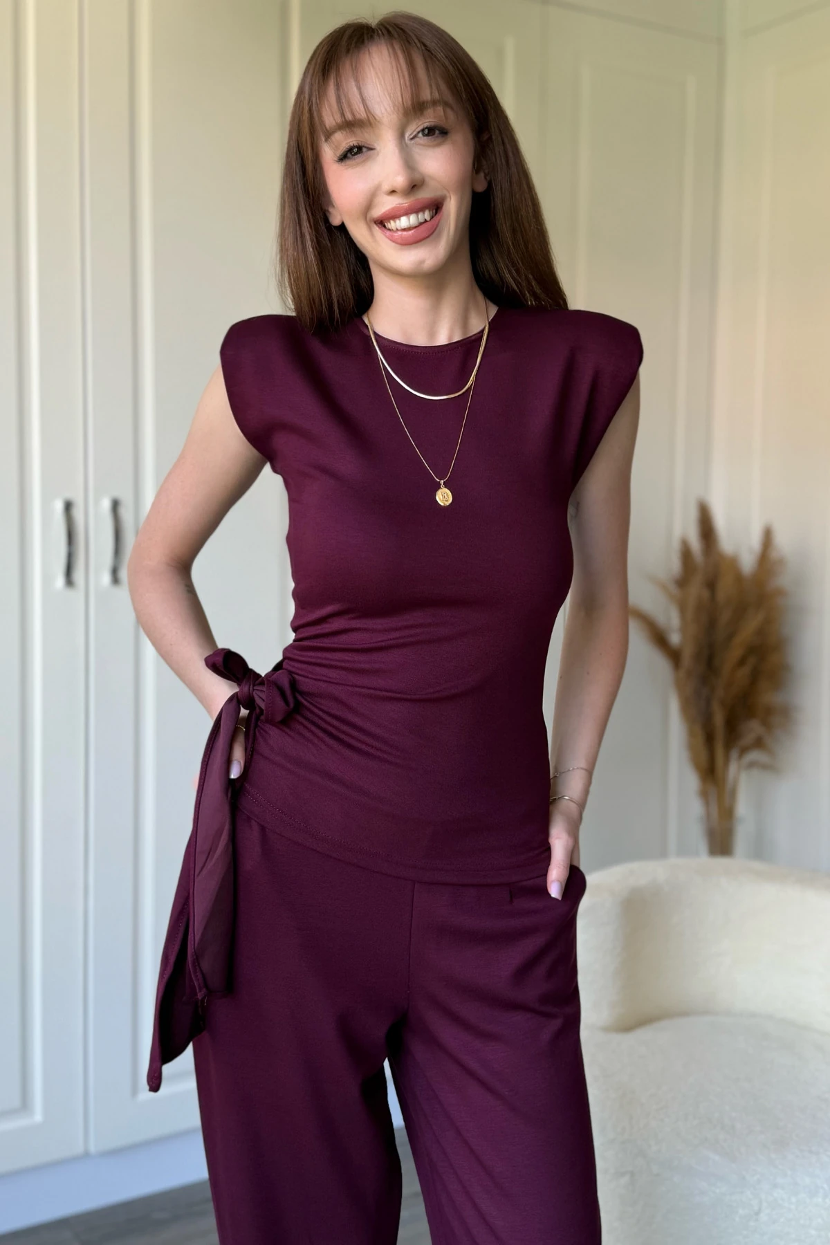 Bağlama Detaylı Vatkalı Pantolon Bluz Bordo Takım