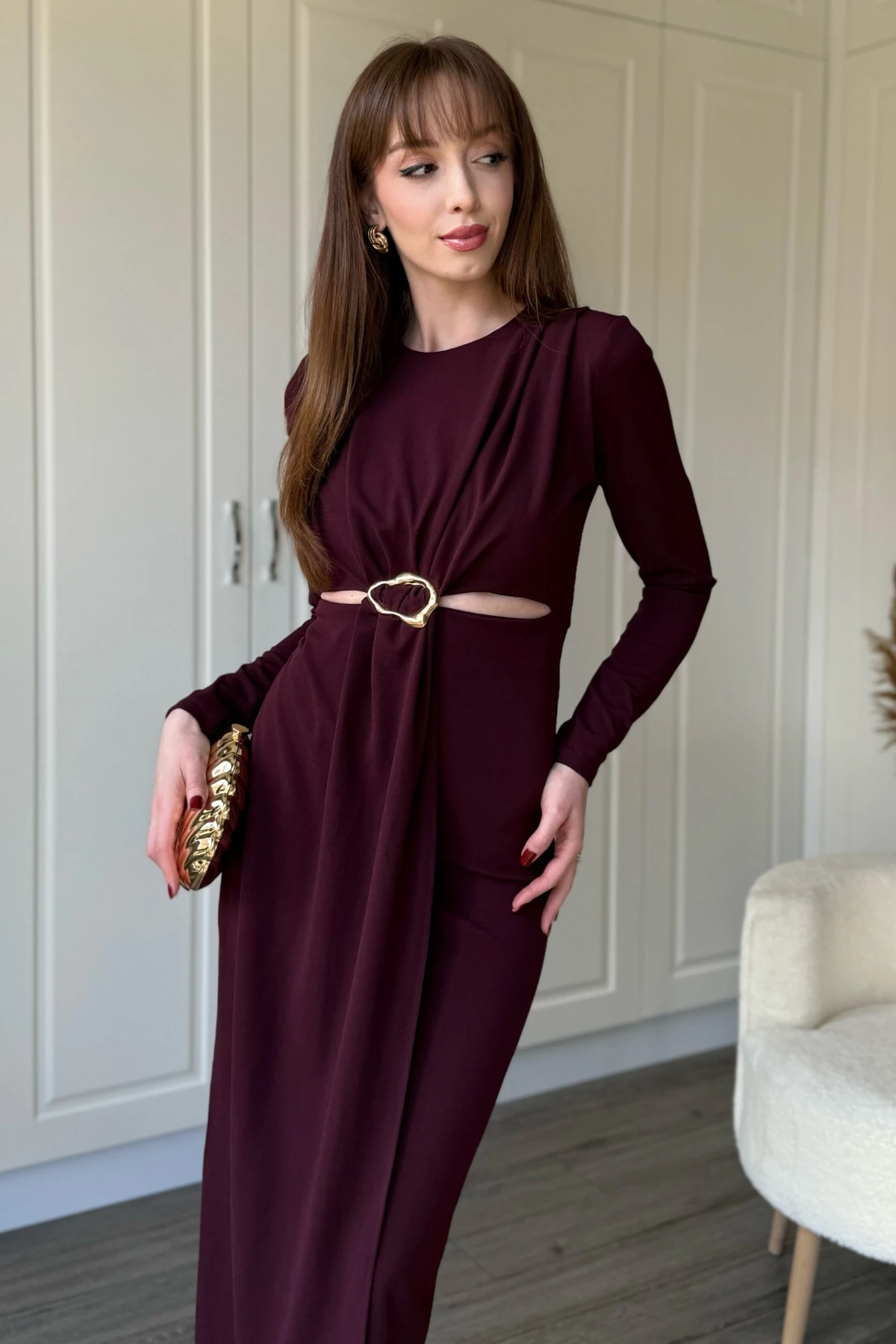 Bel Detaylı Uzun Kollu Midi Bordo Elbise