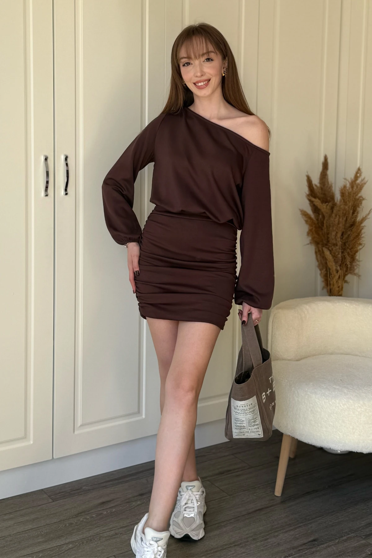 Kayık Yaka Modal Kumaş Cool Eteği Ayarlanabilir Mini Elbise