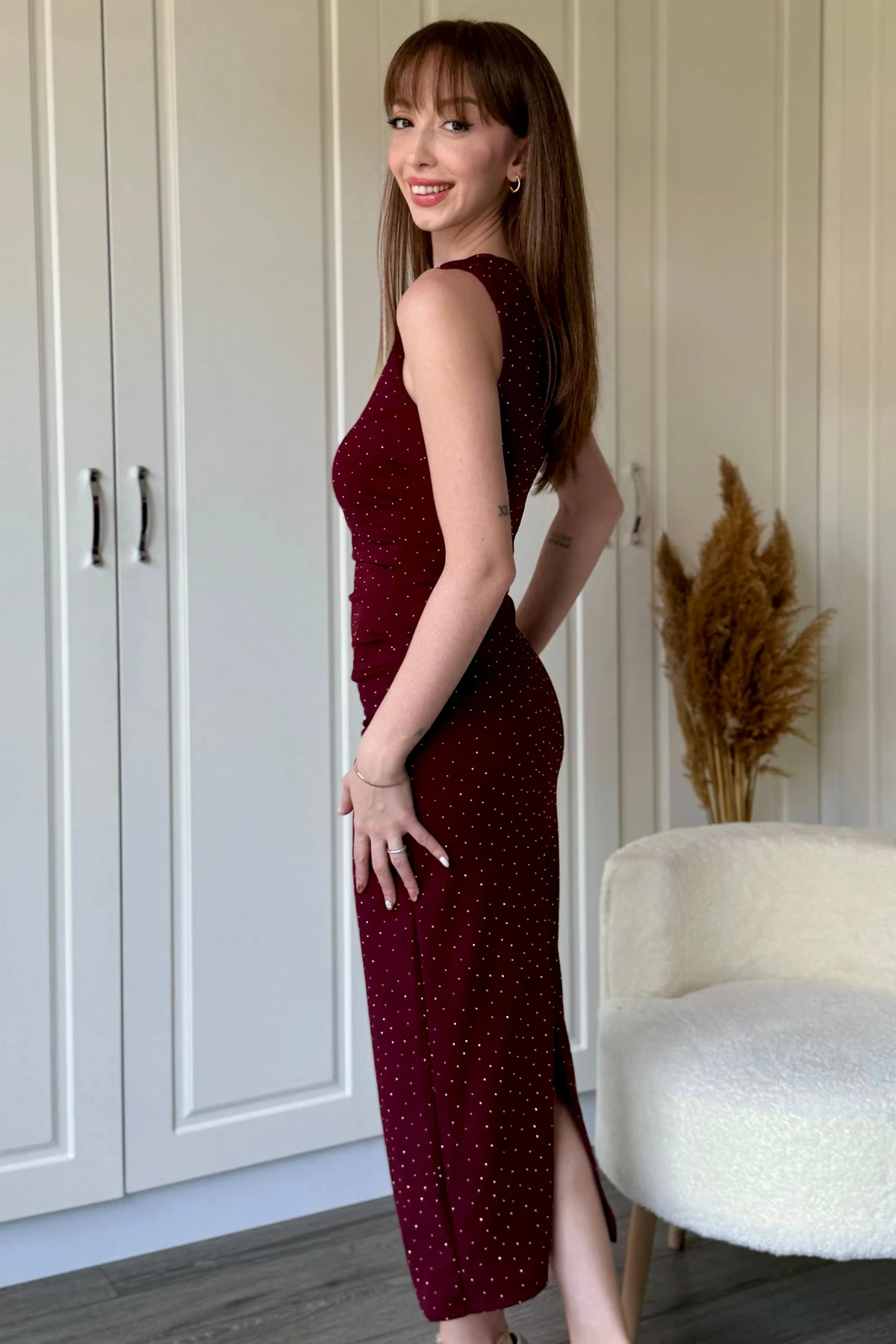 Drapeli Taşlı Midi Bordo Elbise