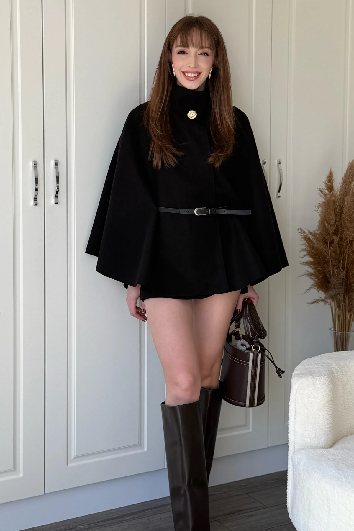 Kemeri Çıkarılabilir Gold Düğmeli Kaşe Panço