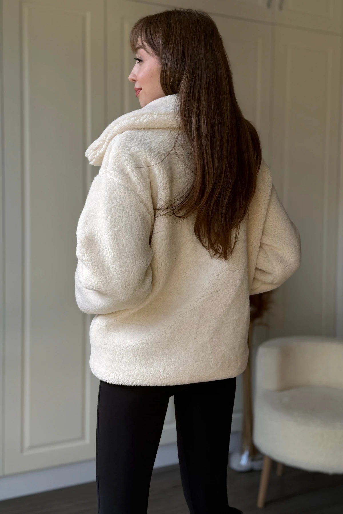 Peluş Fermuarlı Boğazı Kemer Detaylı Biker Ceket