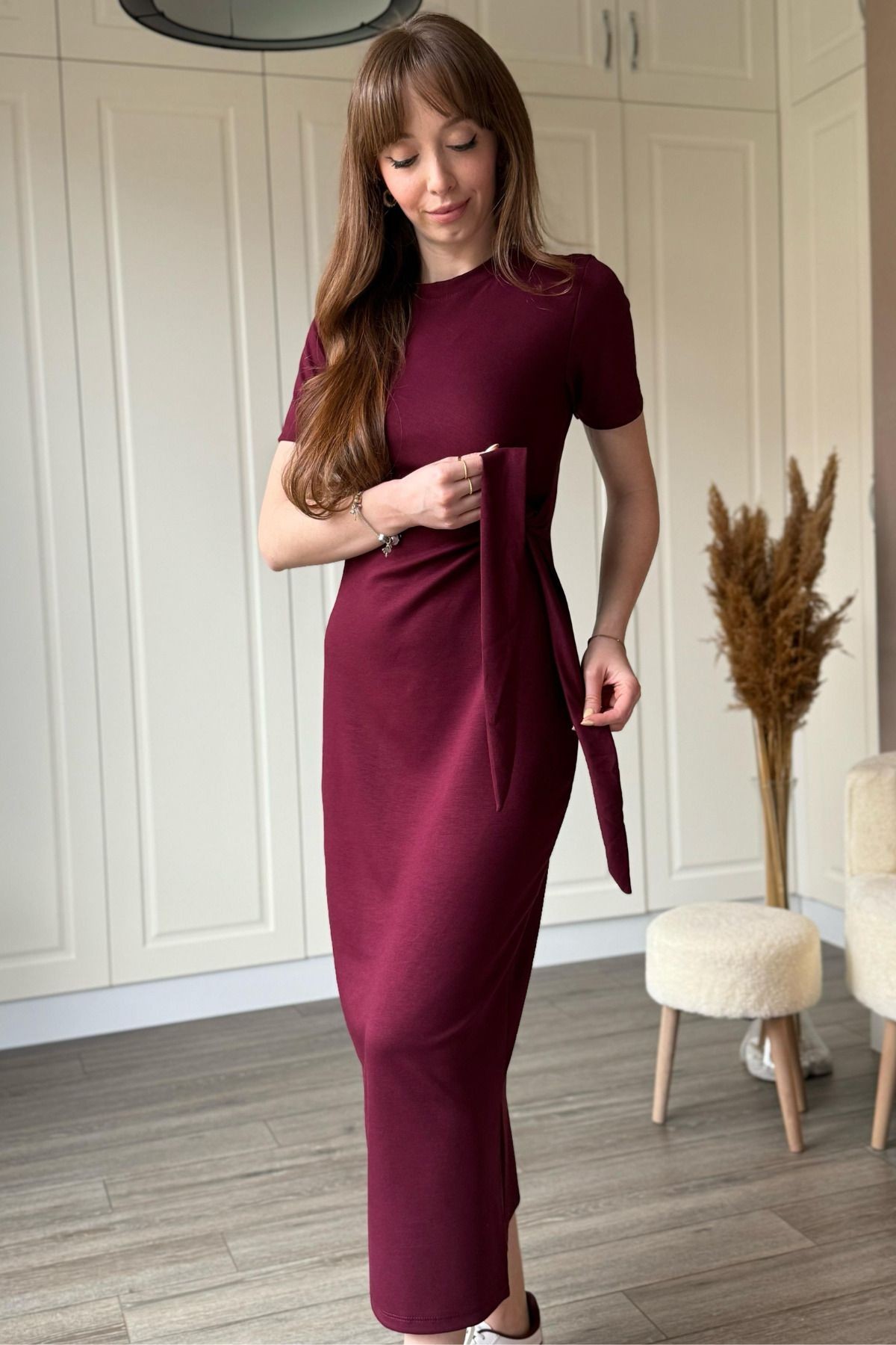 Bağlamalı Bordo Midi Modal Elbise