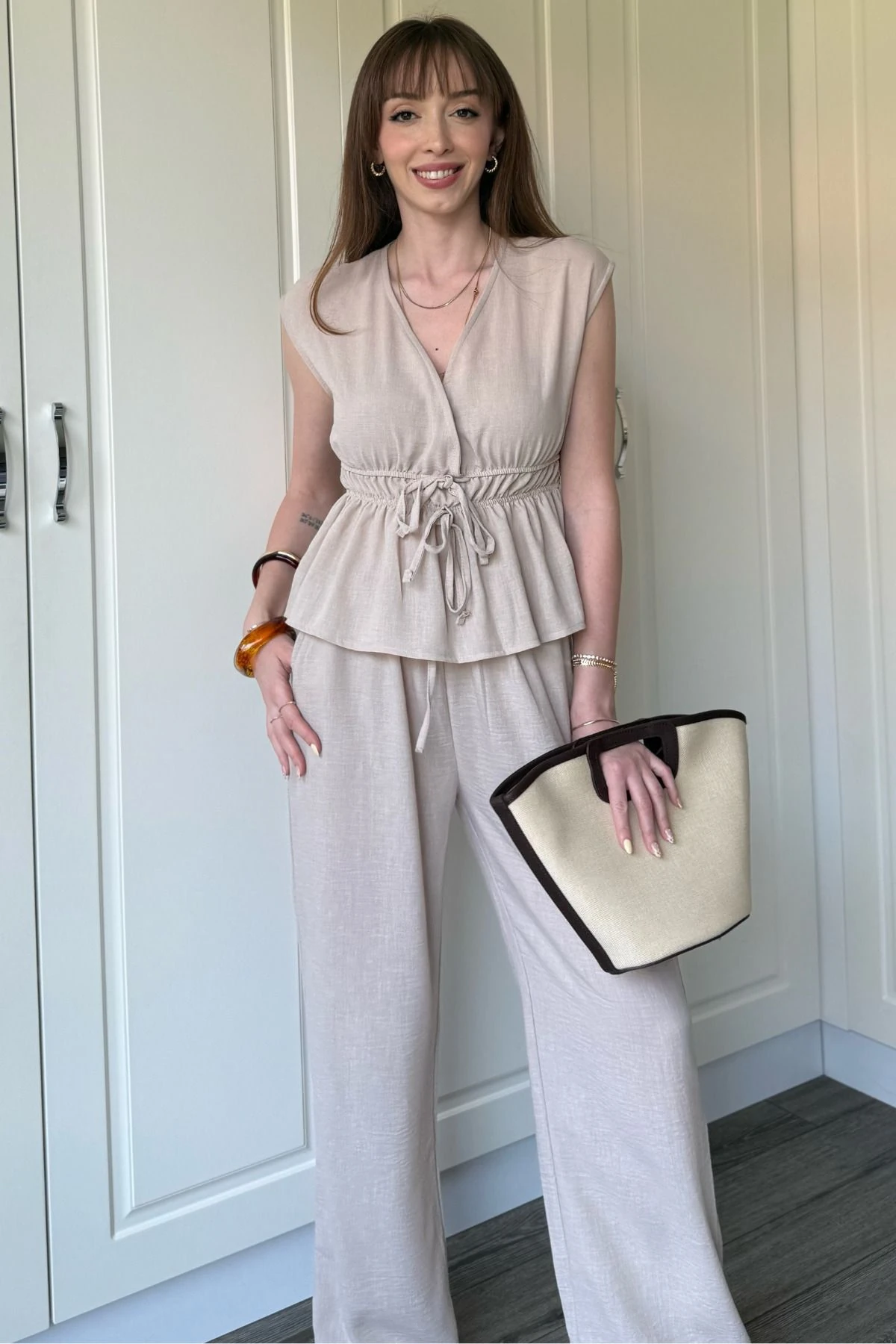 Bağlama Detaylı Keten Takım