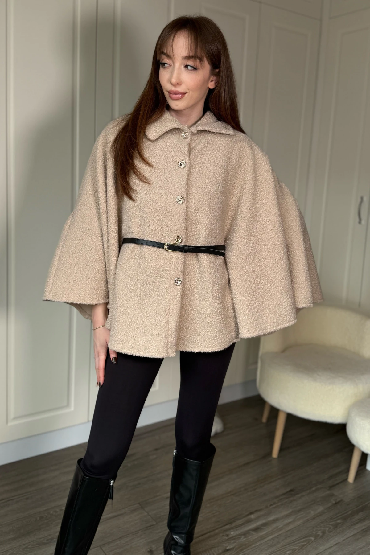 Kemeri Çıkarılabilir Buklet Bej Panço