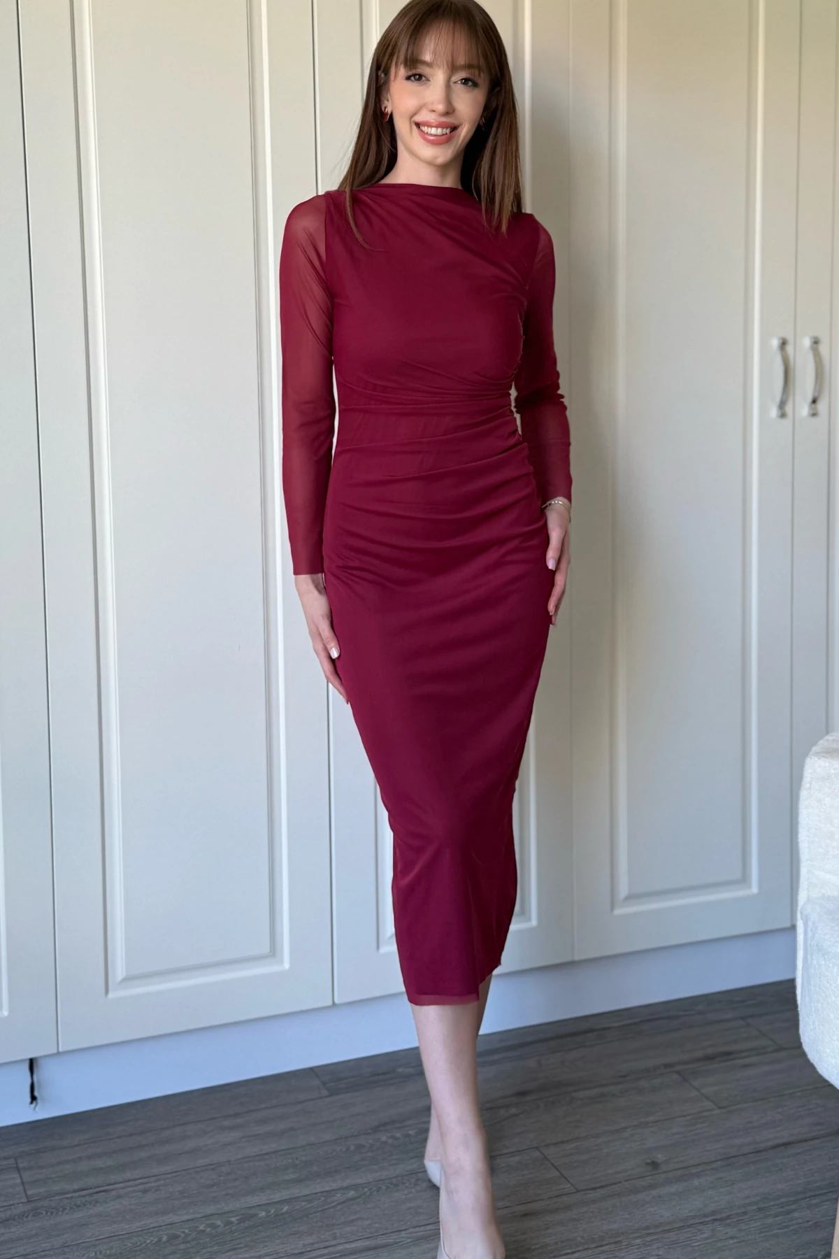 Drapeli Uzun Kollu Bordo Tül Elbise