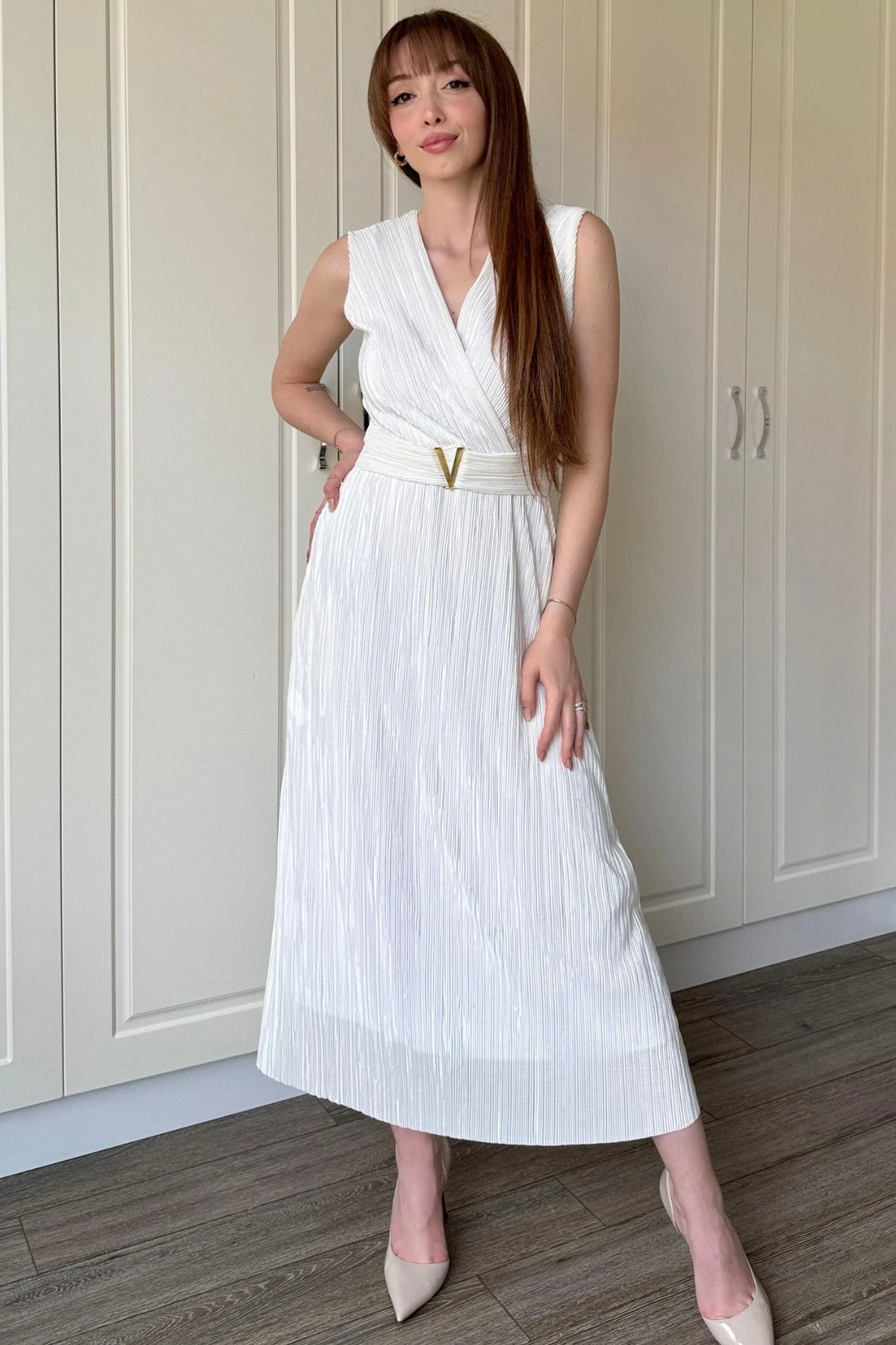 Kruvaze Yaka Krinkıl Midi Tokalı Elbise