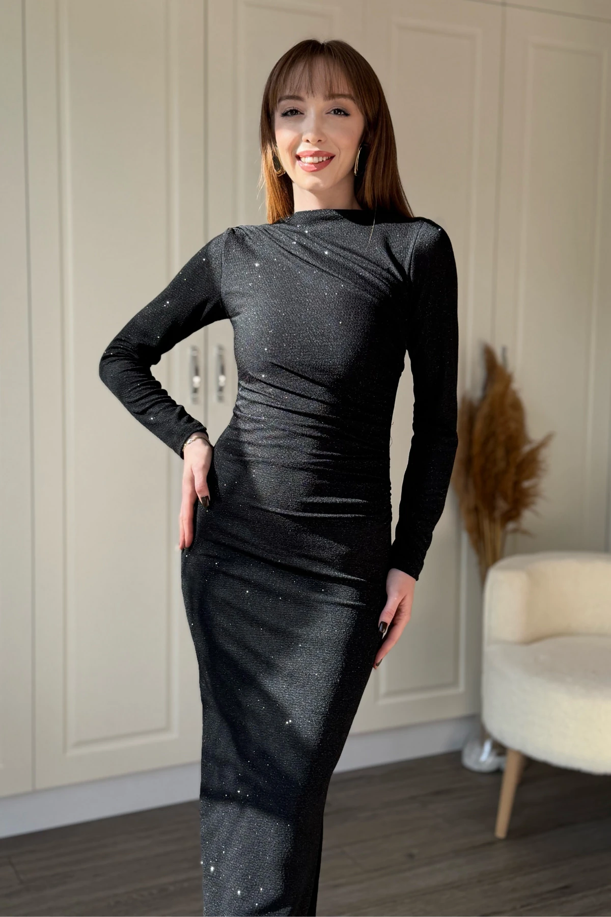 Simli Drapeli Uzun Kollu Zarif ve Şık Midi Elbise