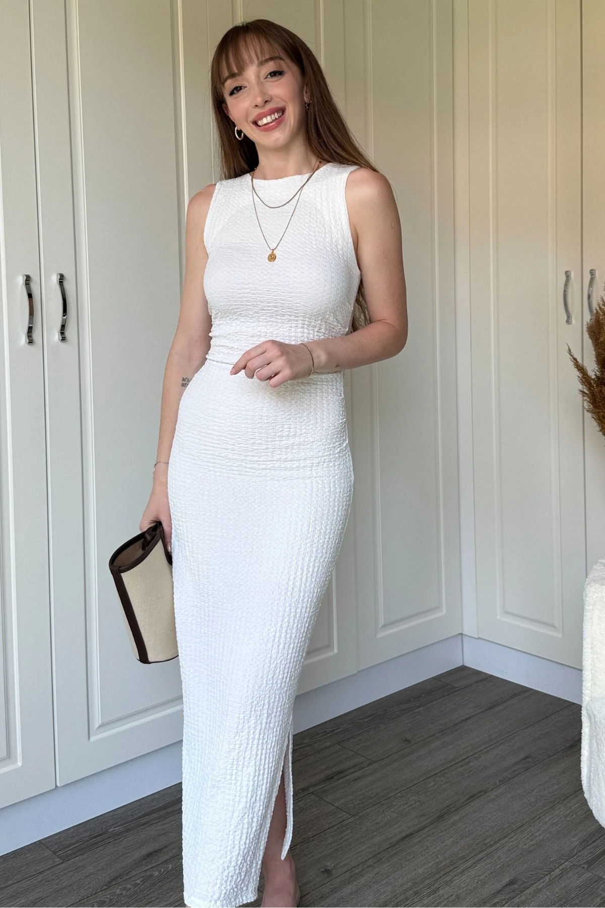 Gofre Kumaş Drapeli Midi Elbise