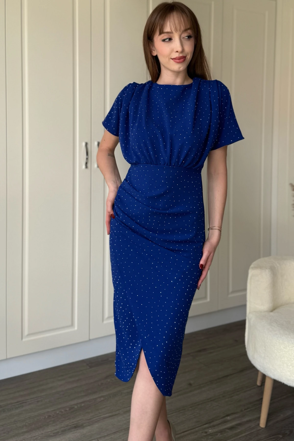 Kısa Kollu Drapeli Taşlı Midi Mavi Elbise