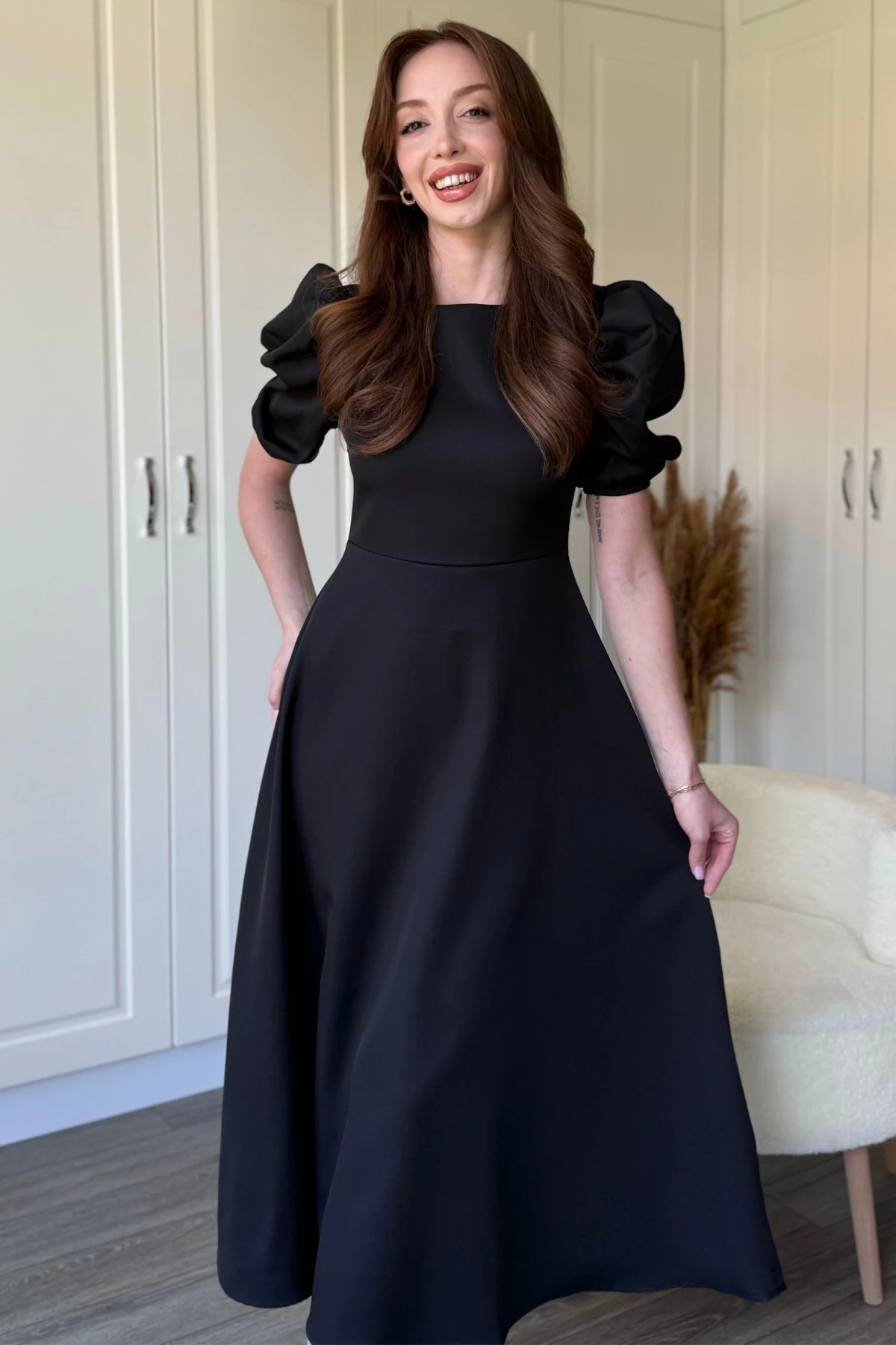 Balon Kol Midi Kırmızı Elbise