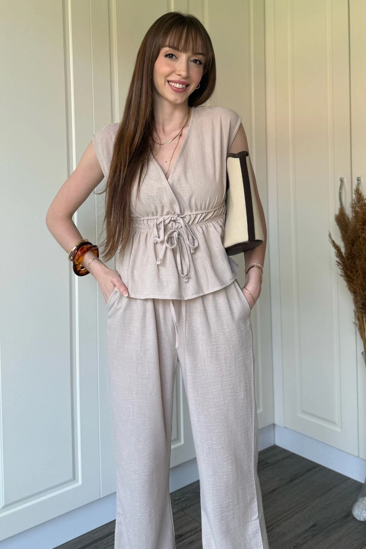 Bağlama Detaylı Keten Takım