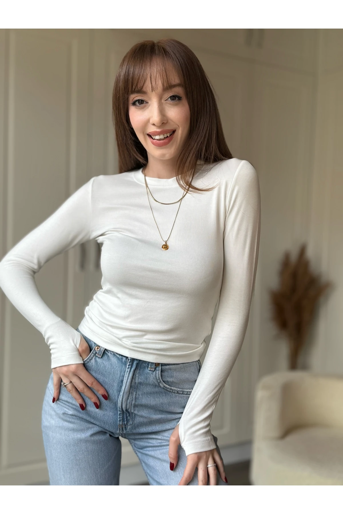 Bisiklet Yaka Uzun Kollu Parmak Geçmeli Body