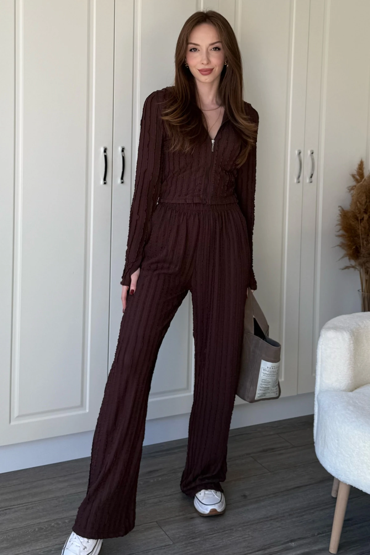 Fırfırlı Kapüşonlu Fermuarlı Crop Hırka Takım