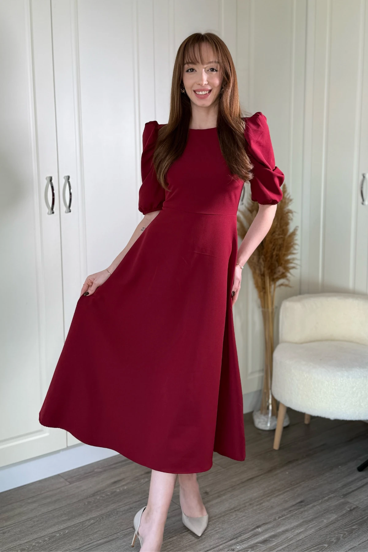 Balon Kol Midi Bordo Elbise