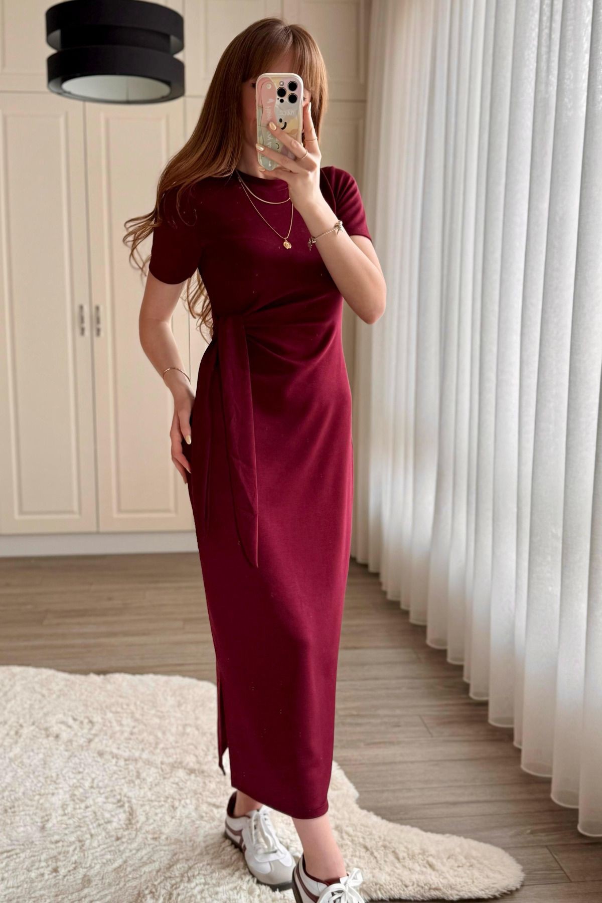 Bağlamalı Bordo Midi Modal Elbise