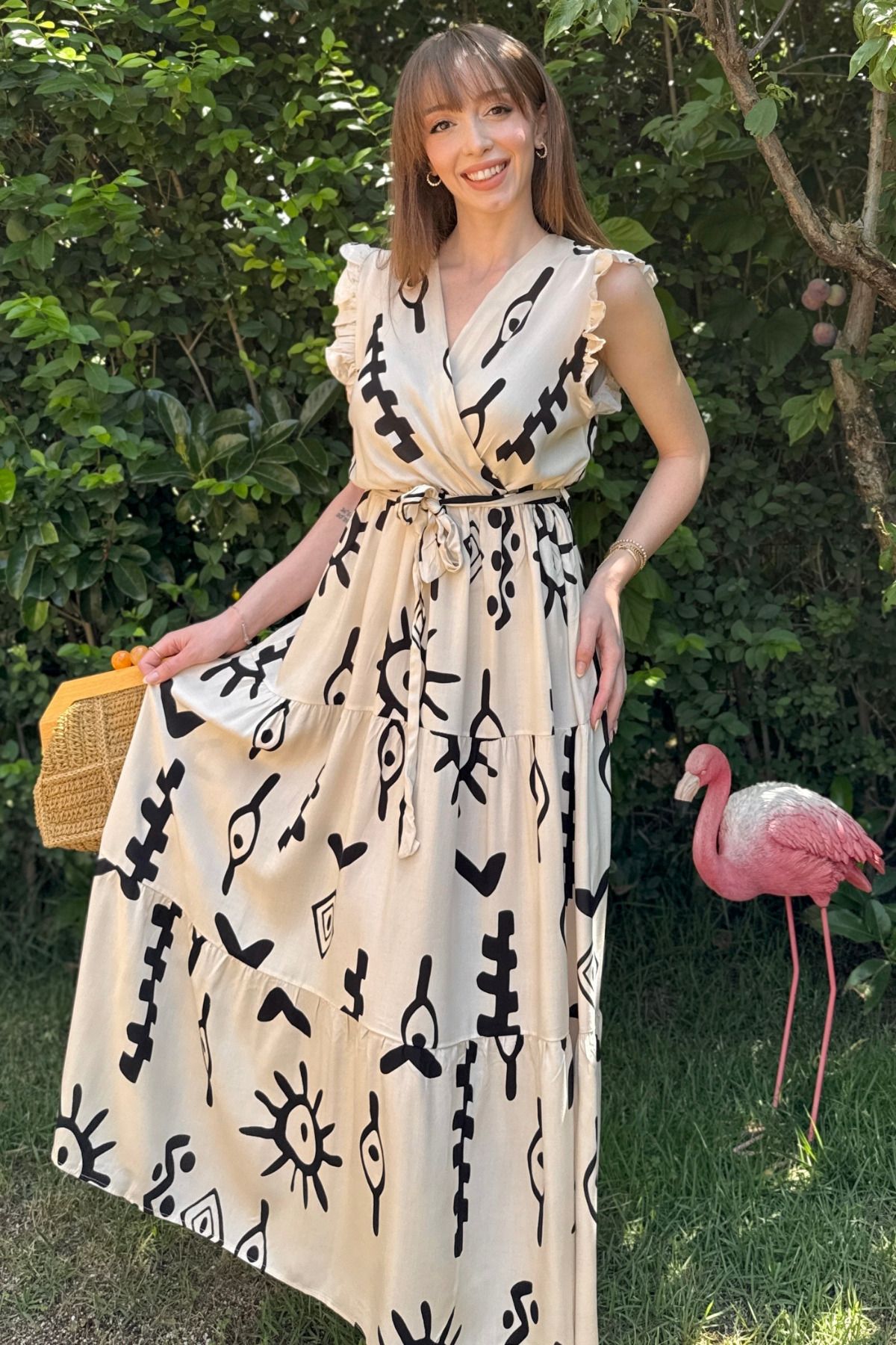 Kruvaze Desenli Midi Elbise