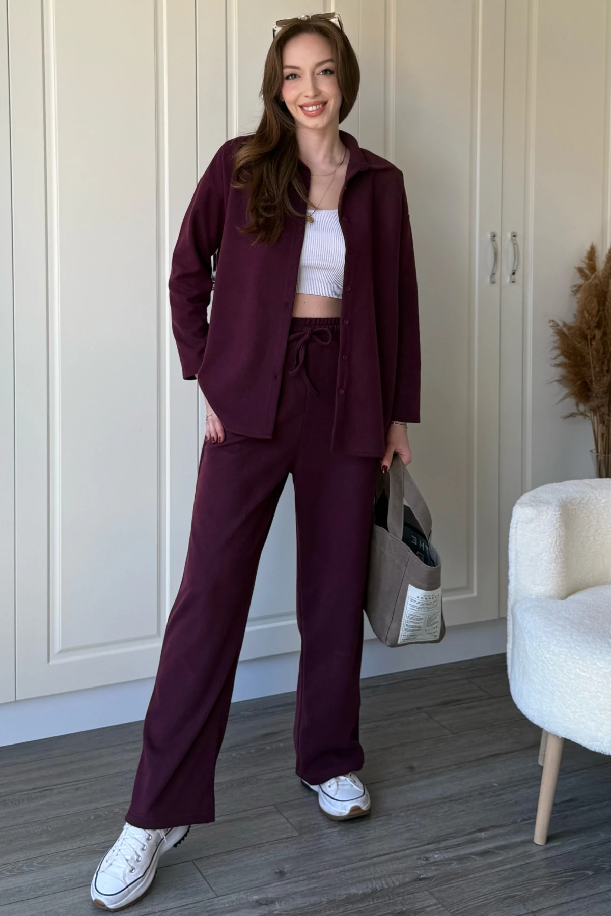 Düğmeli Uzun Kollu Selanik Kumaş Bordo Gömlek Takım