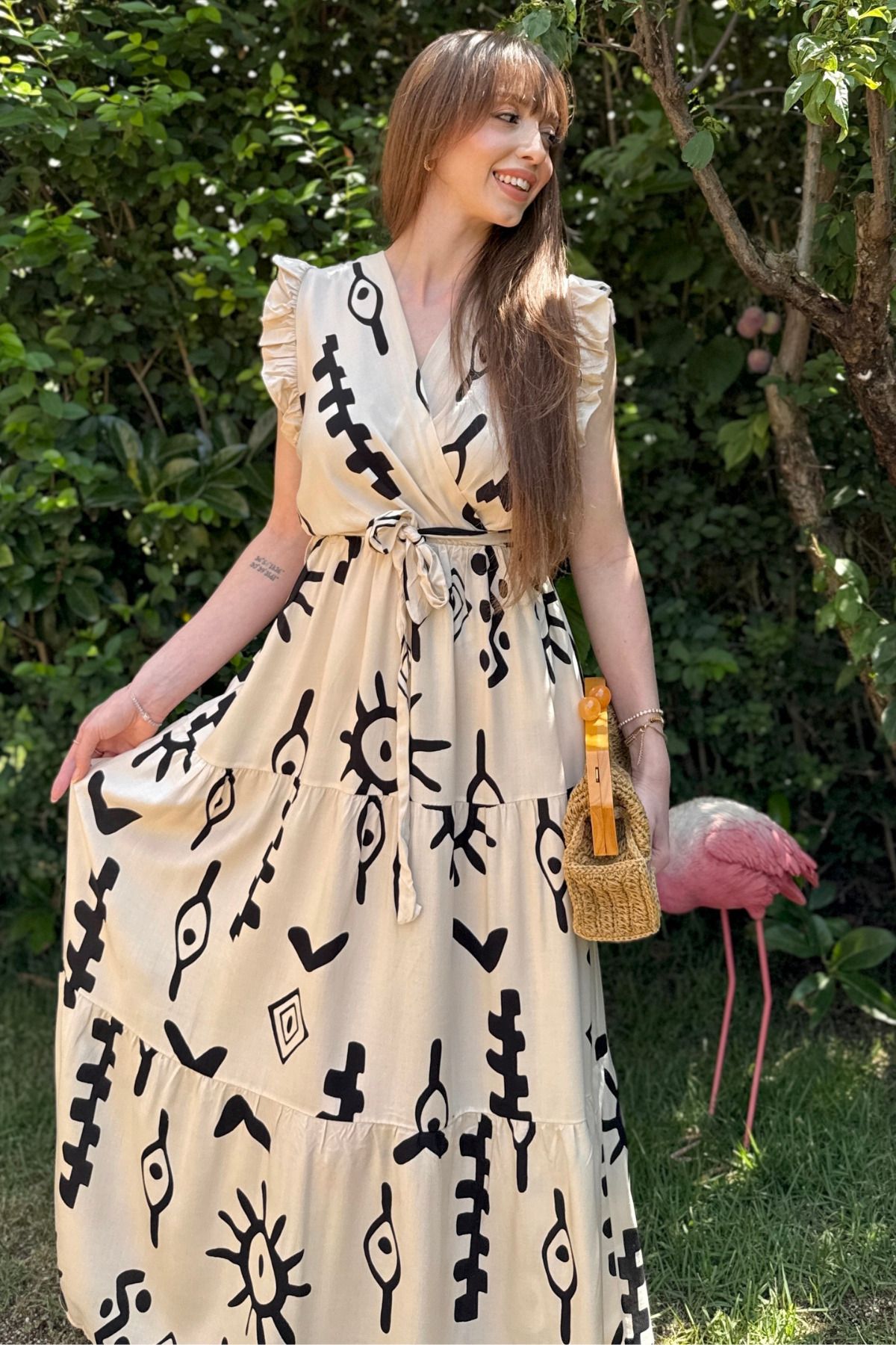 Kruvaze Desenli Midi Elbise