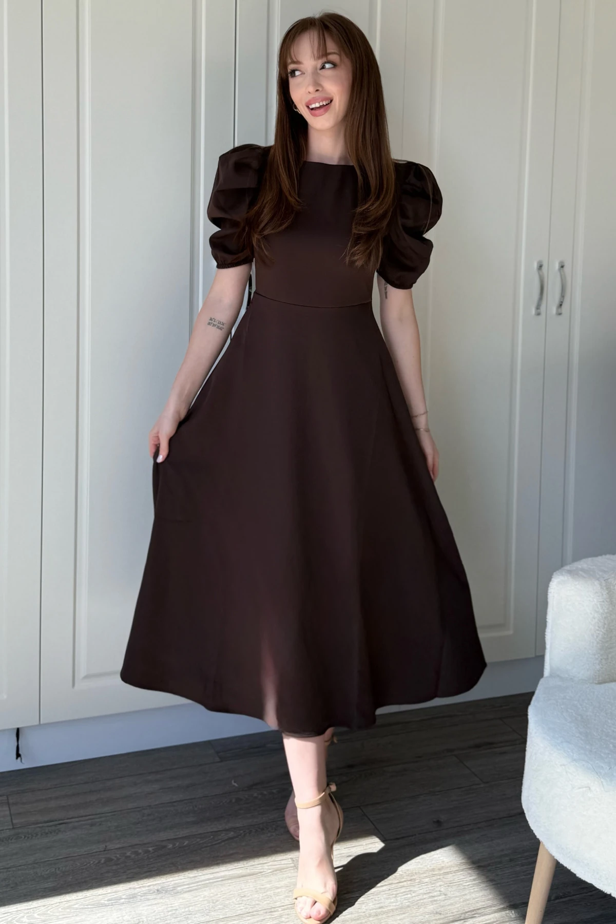 Balon Kol Midi Kahverengi Midi Elbise