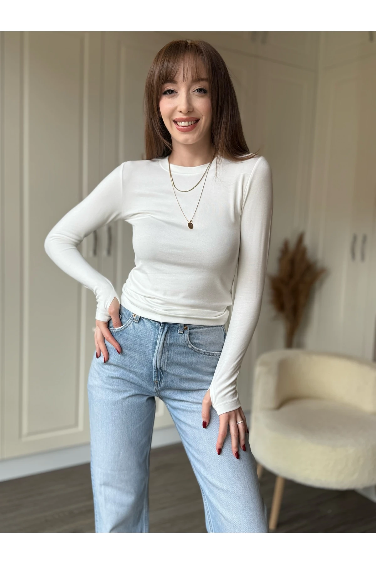 Bisiklet Yaka Uzun Kollu Parmak Geçmeli Body