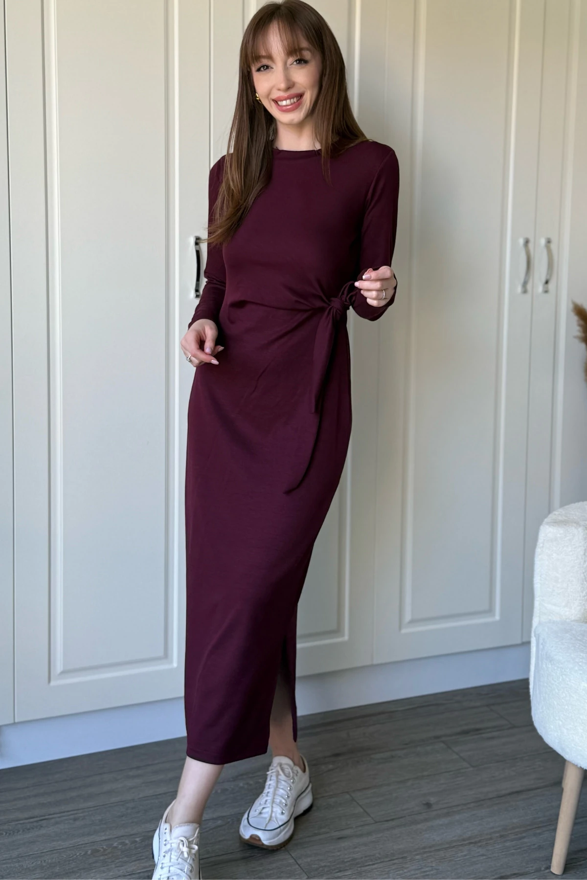 Bağlamalı Modal Uzun Kollu Midi Bordo Elbise