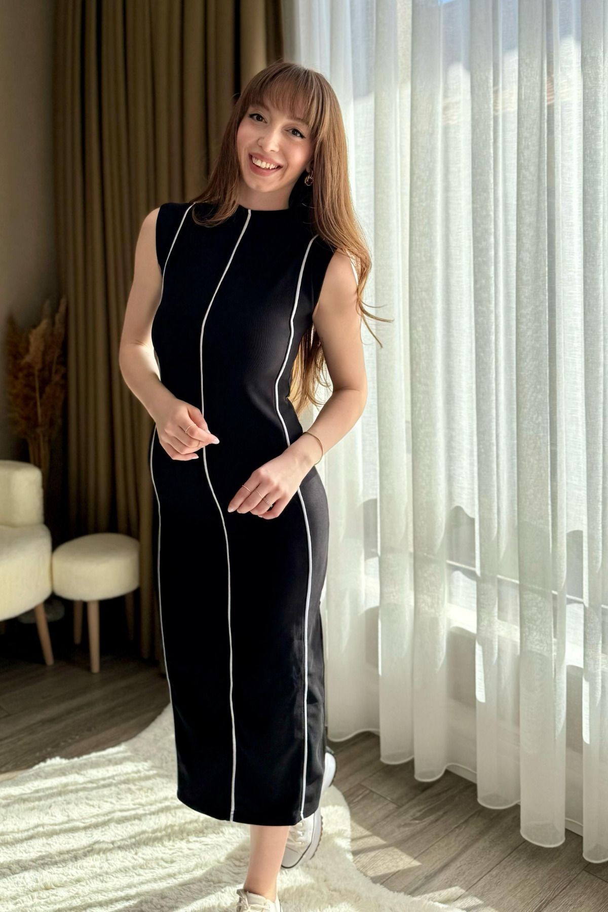 Ottoman Kumaş Biyeli Yırtmaçlı Elbise