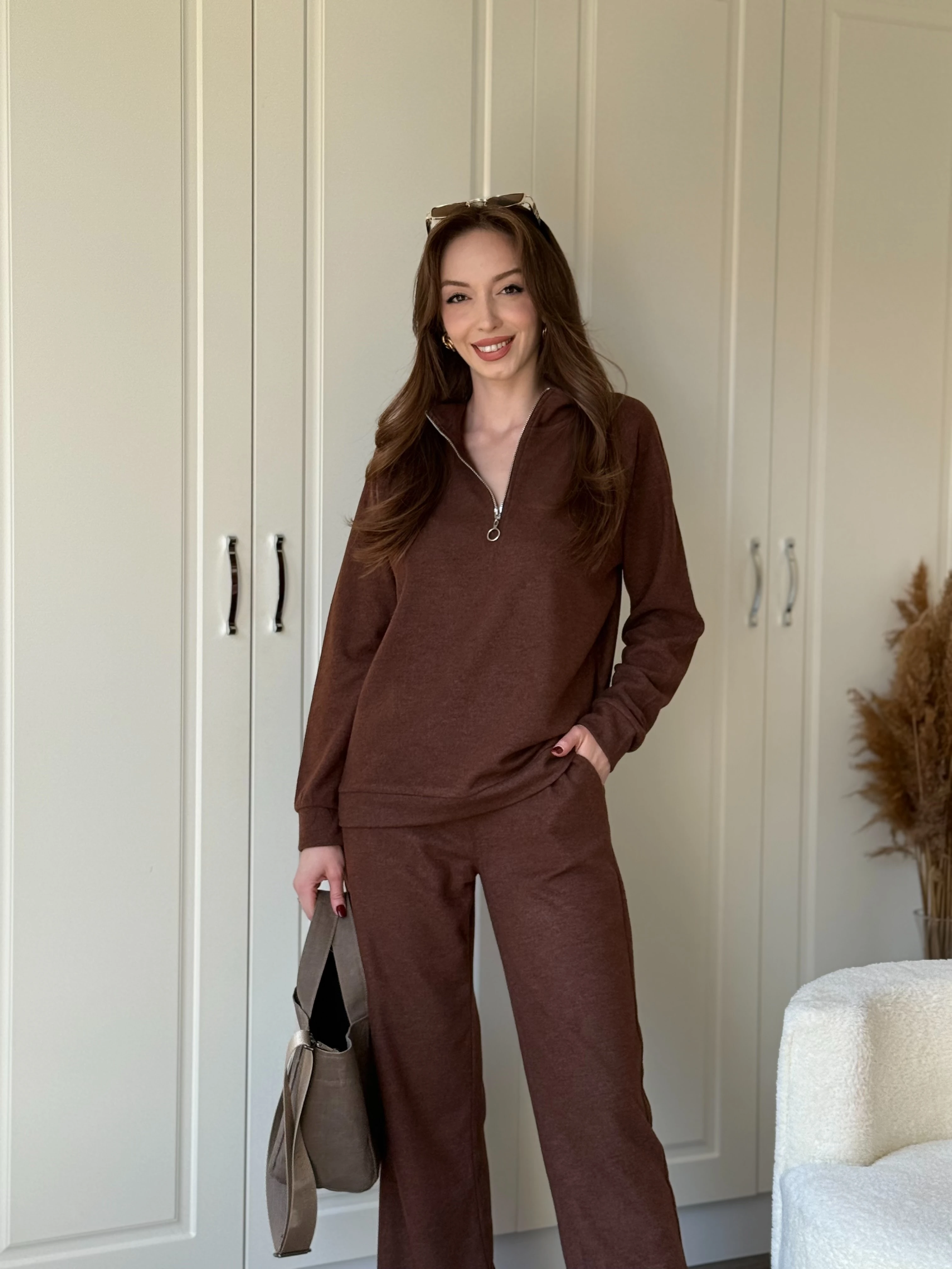 Fermuarlı Dik Yaka Selanik Kumaş Sweatshirt Takım