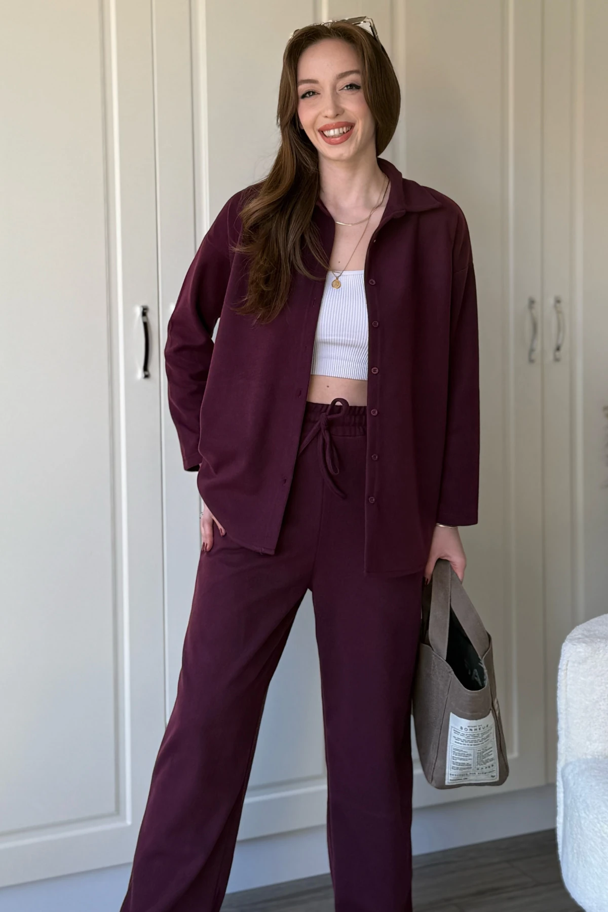 Düğmeli Uzun Kollu Selanik Kumaş Bordo Gömlek Takım