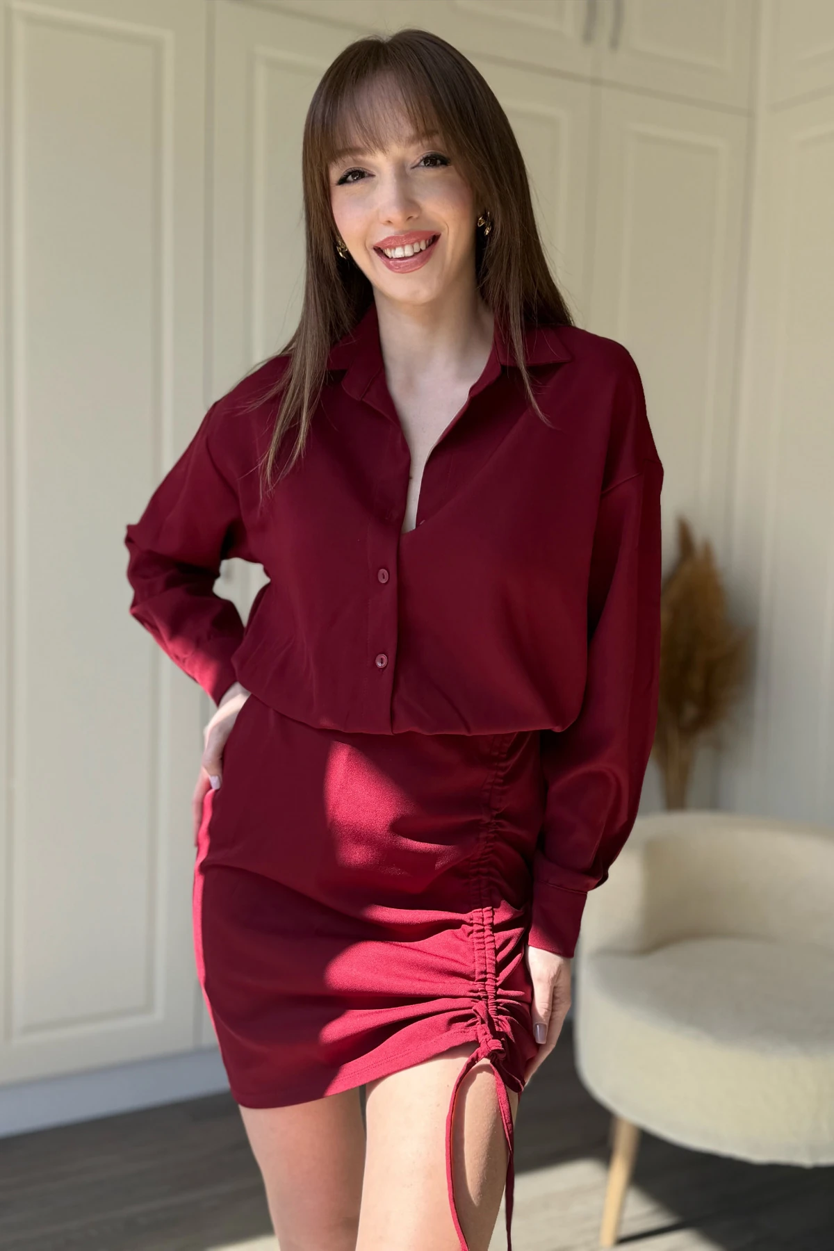 Eteği Ayarlanabilir Büzgülü Bordo Gömlek Elbise