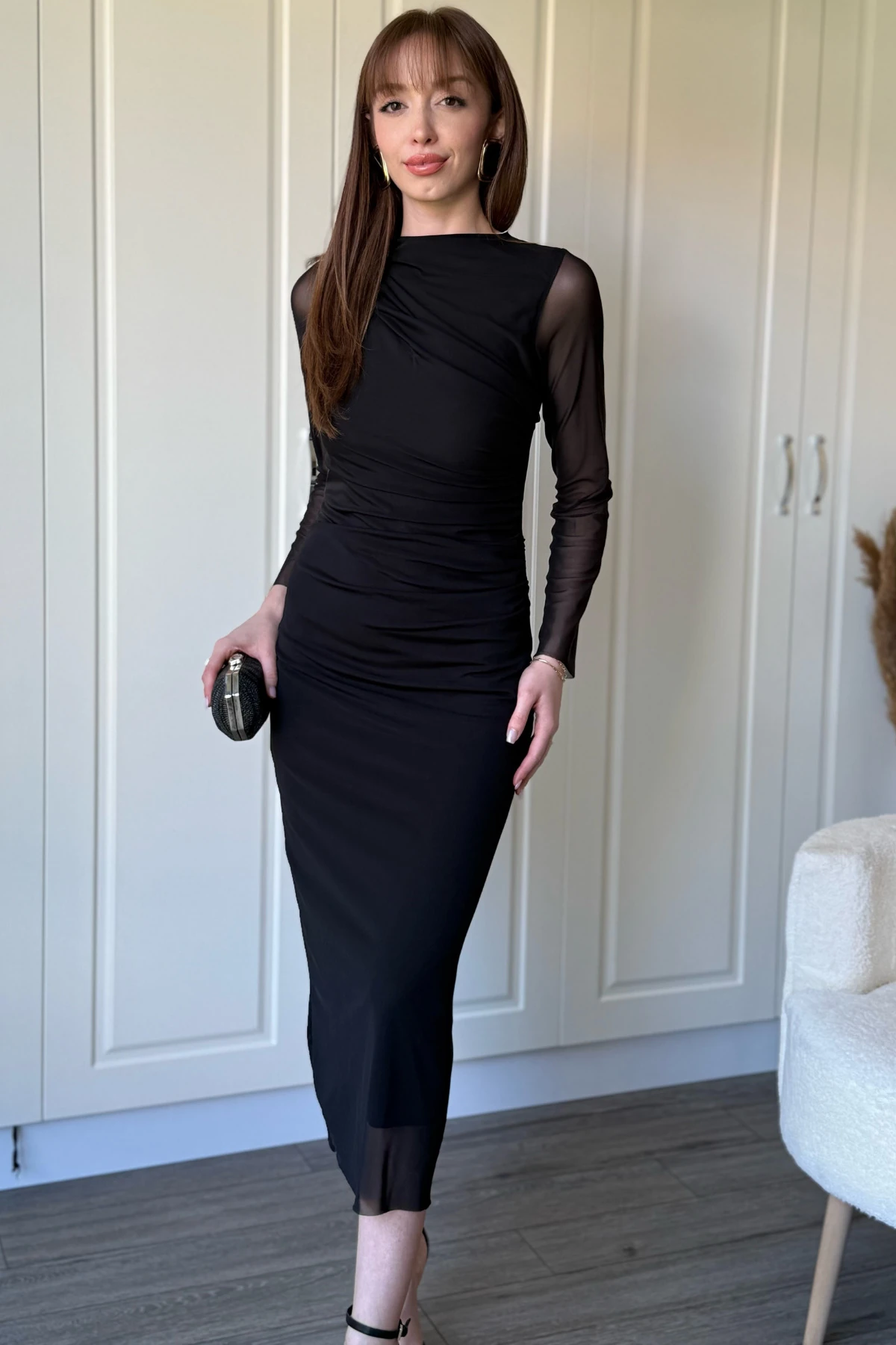 Drapeli Uzun Kollu Siyah Tül Elbise