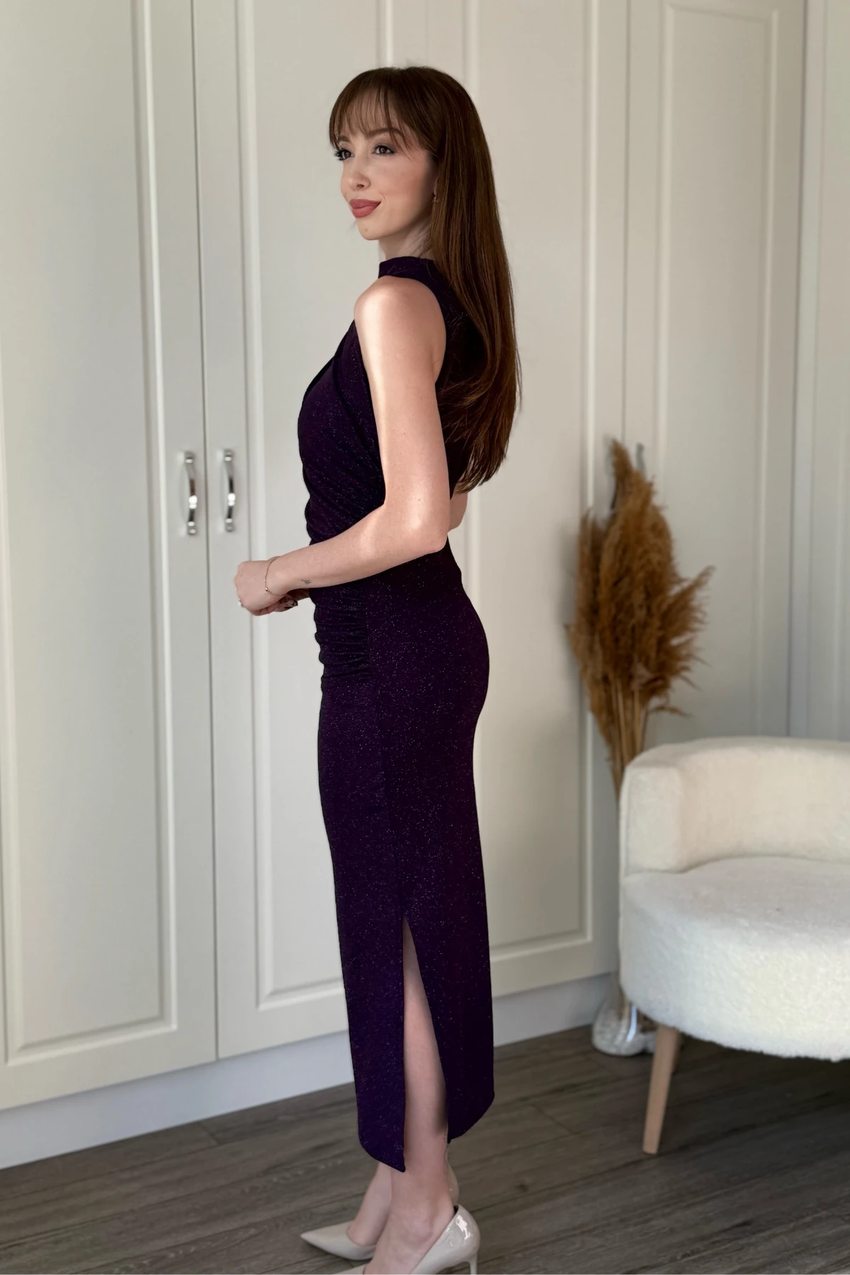 Simli Drapeli Kolsuz Şık ve Zarif Midi Elbise