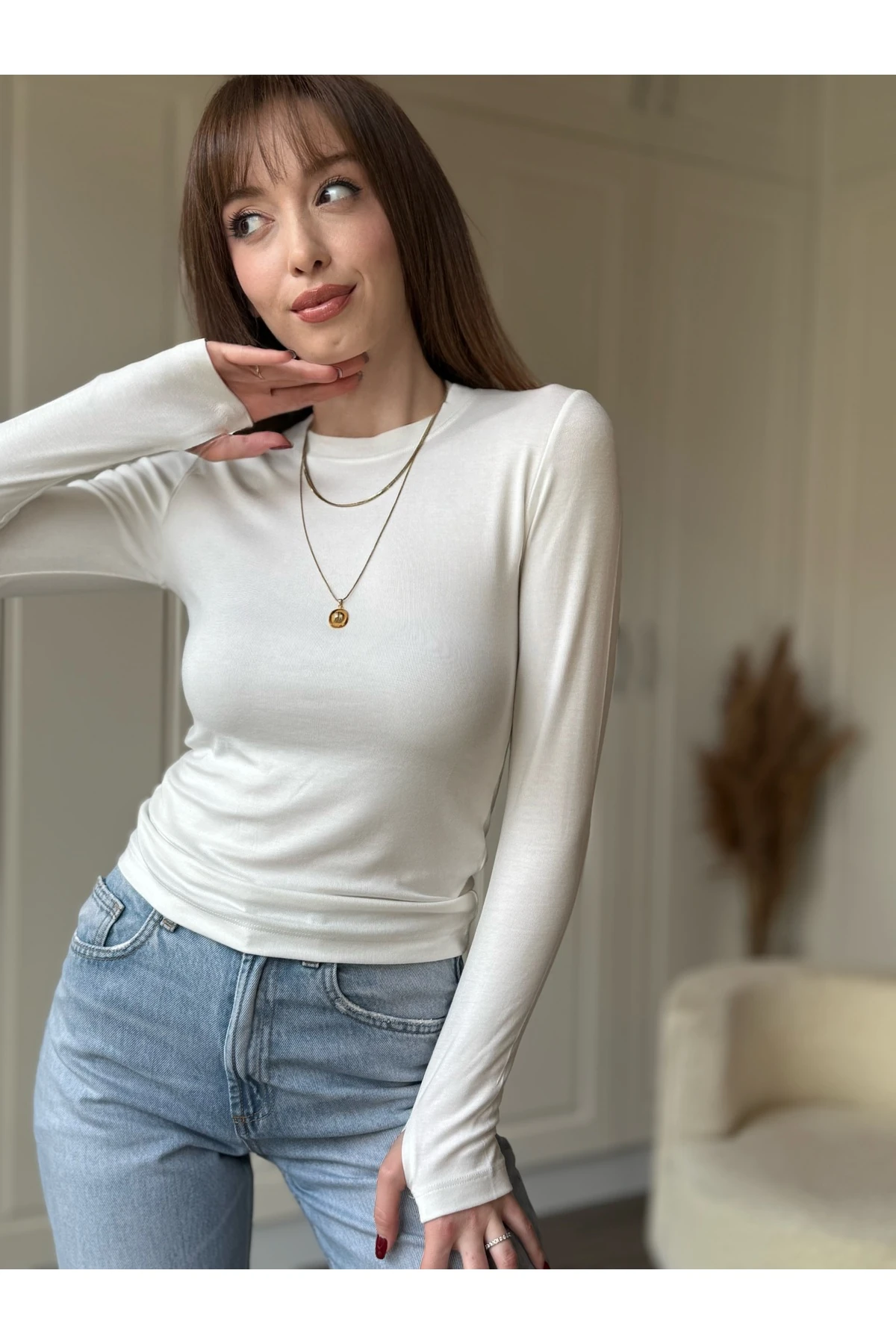 Bisiklet Yaka Uzun Kollu Parmak Geçmeli Body