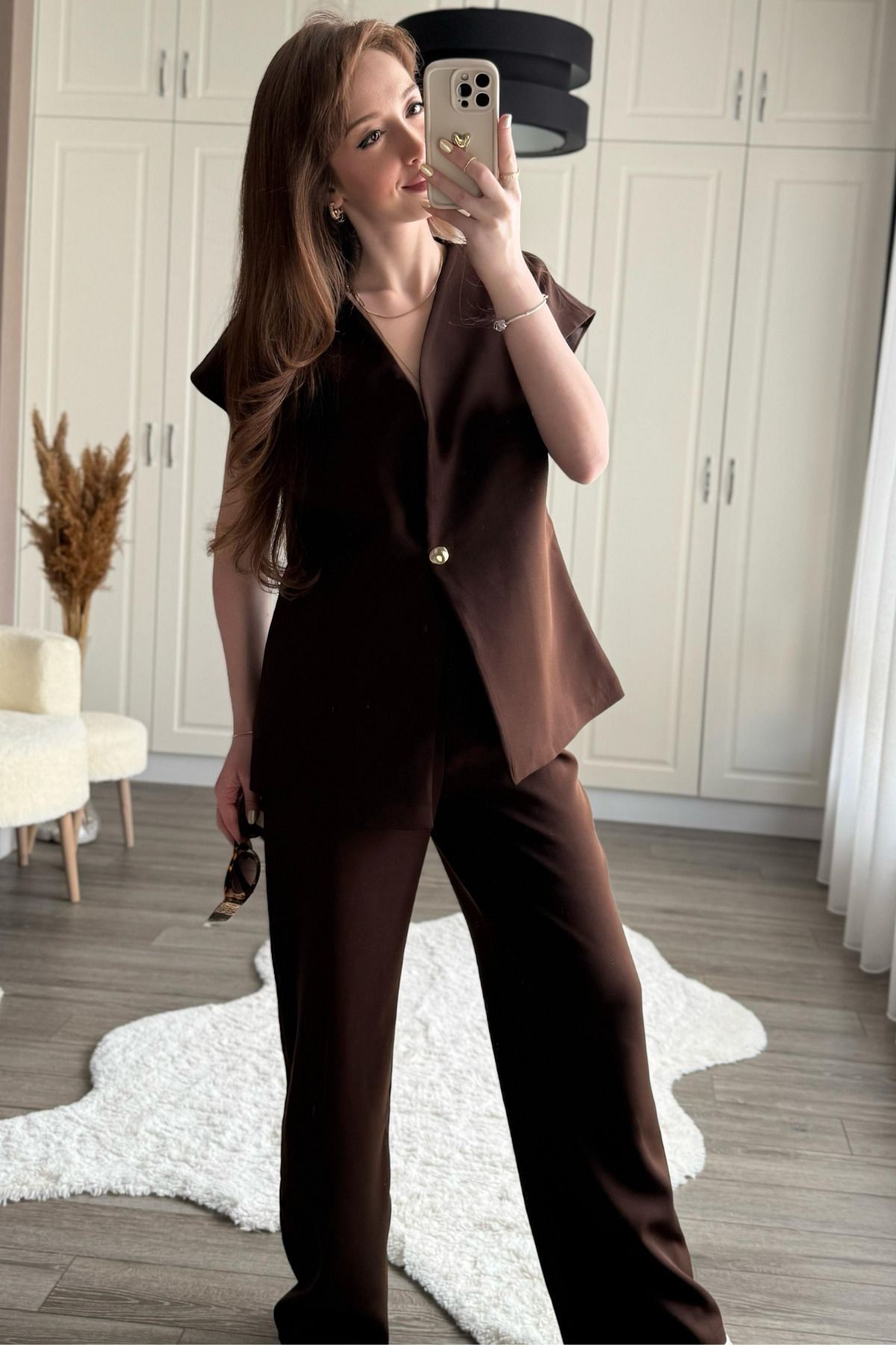 Bordo Gold Düğmeli Yelek Palazzo Takım