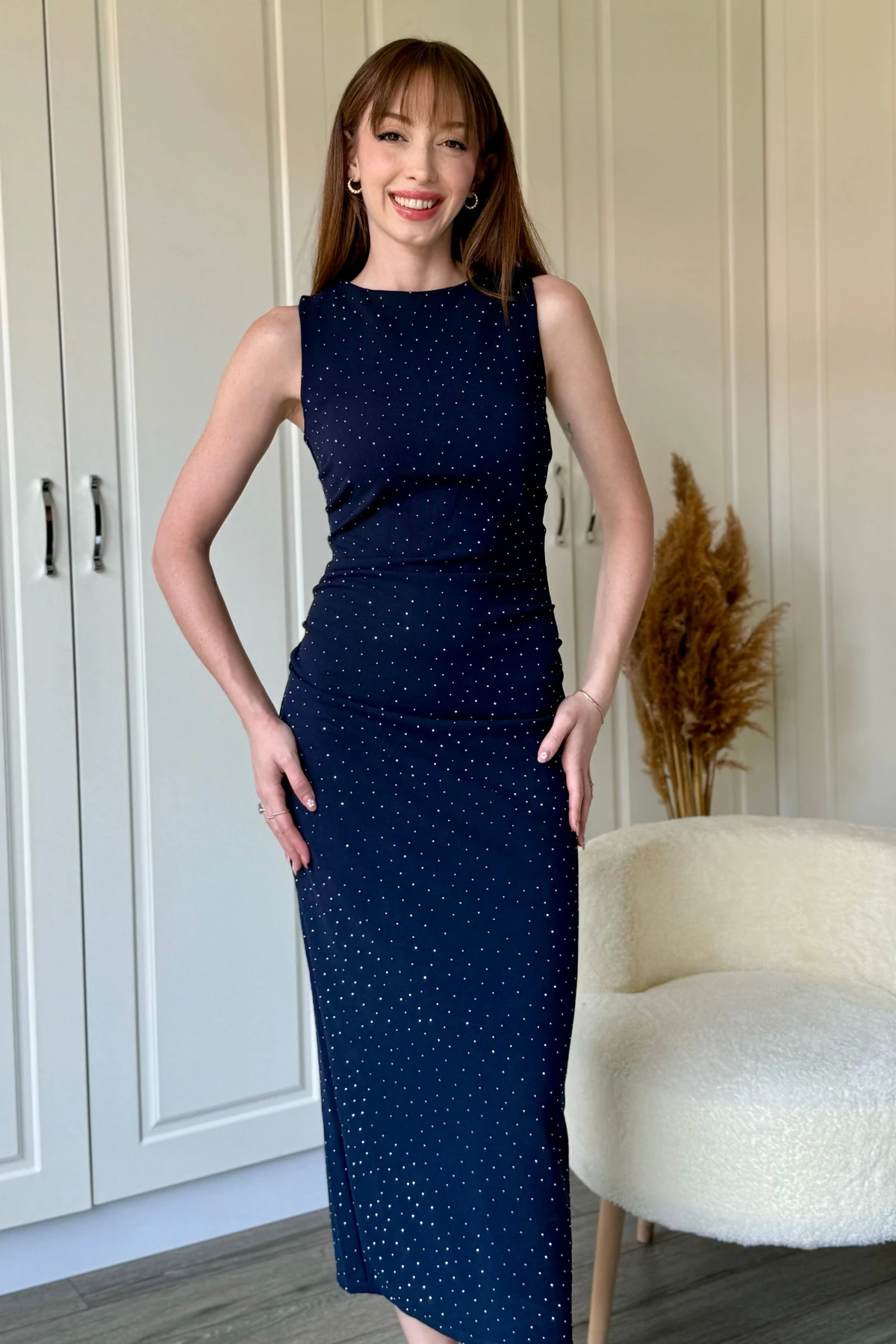 Drapeli Taşlı Midi Lacivert Elbise